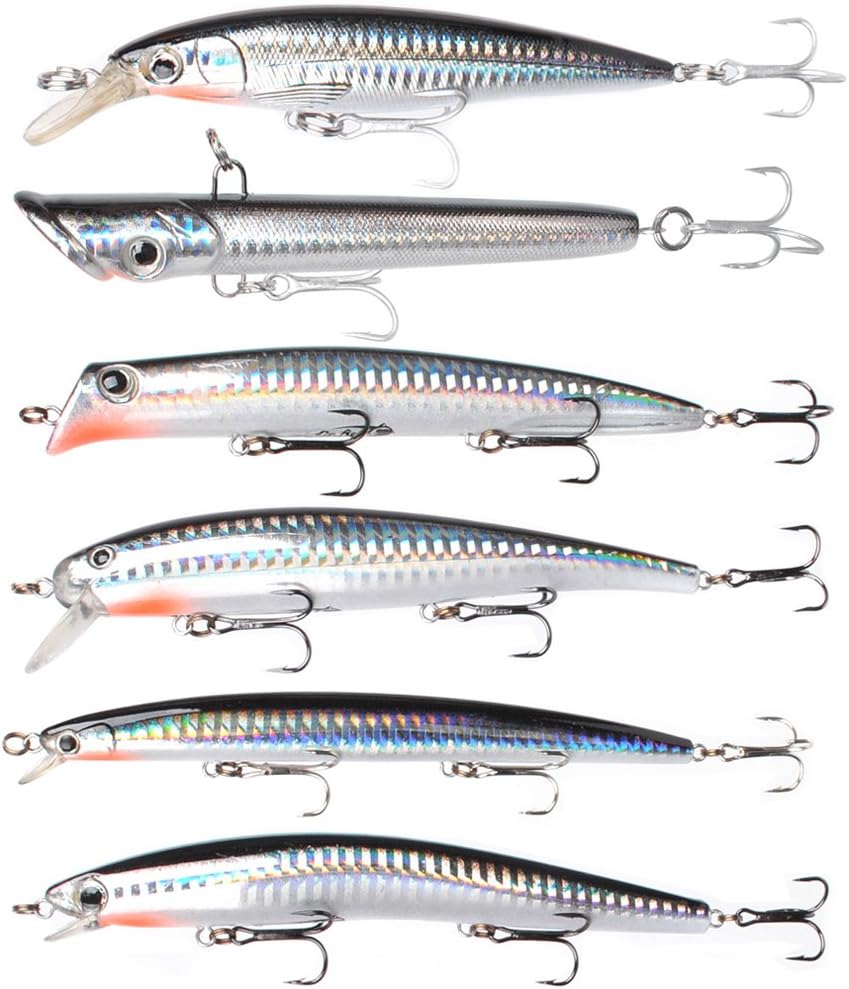 Dr.Fish Assorted 6 Jerkbait Minnow Plugs Popper 5in Hardbaits Kit Saltwater Lure Surf Fishing Striper Bass Redfish Mackerel Musky Black Silver : Sports & Outdoors