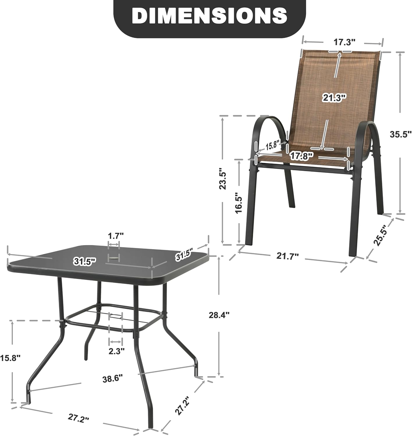 NUU GARDEN 5 PCS Patio Dining Set, Metal Outdoor Table and Chairs, with 4 Stackable Chairs and 31.5’’ Square Table with Umbrella Hole, Outdoor Dining Set for Lawn, Balcony, Garden, Black and Brown