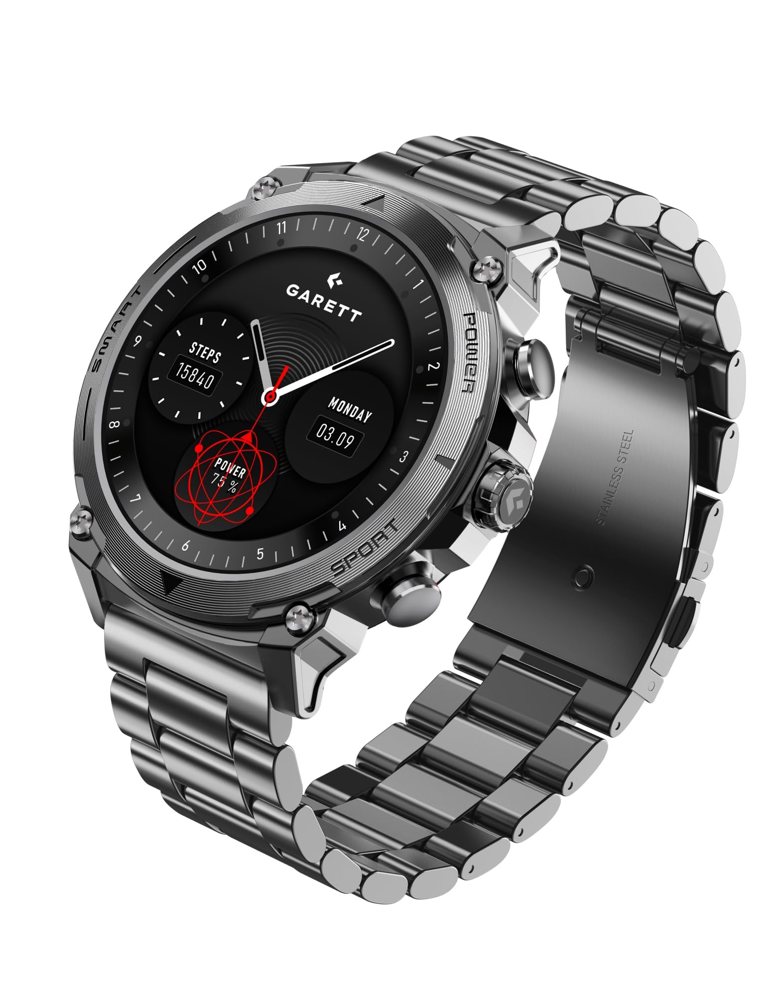 garett smartwatch uomo - 1,43″ - AMOLED - 8 giorni batteria Always On Display - Atom Argento Acciaio