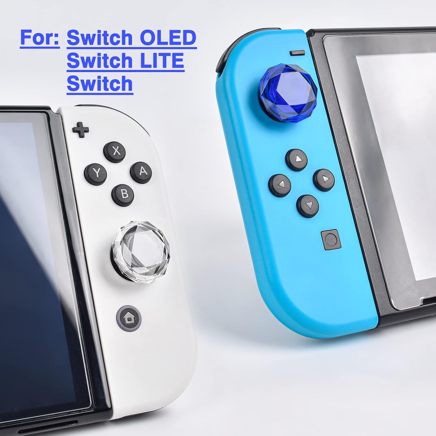 DLseego Diamond 3D Thumb Grips Caps Design for Switch & Switch Lite & Switch OLED Joy Con Crystal Clear Console Joystick Cover 4PCS - Clear and Blue