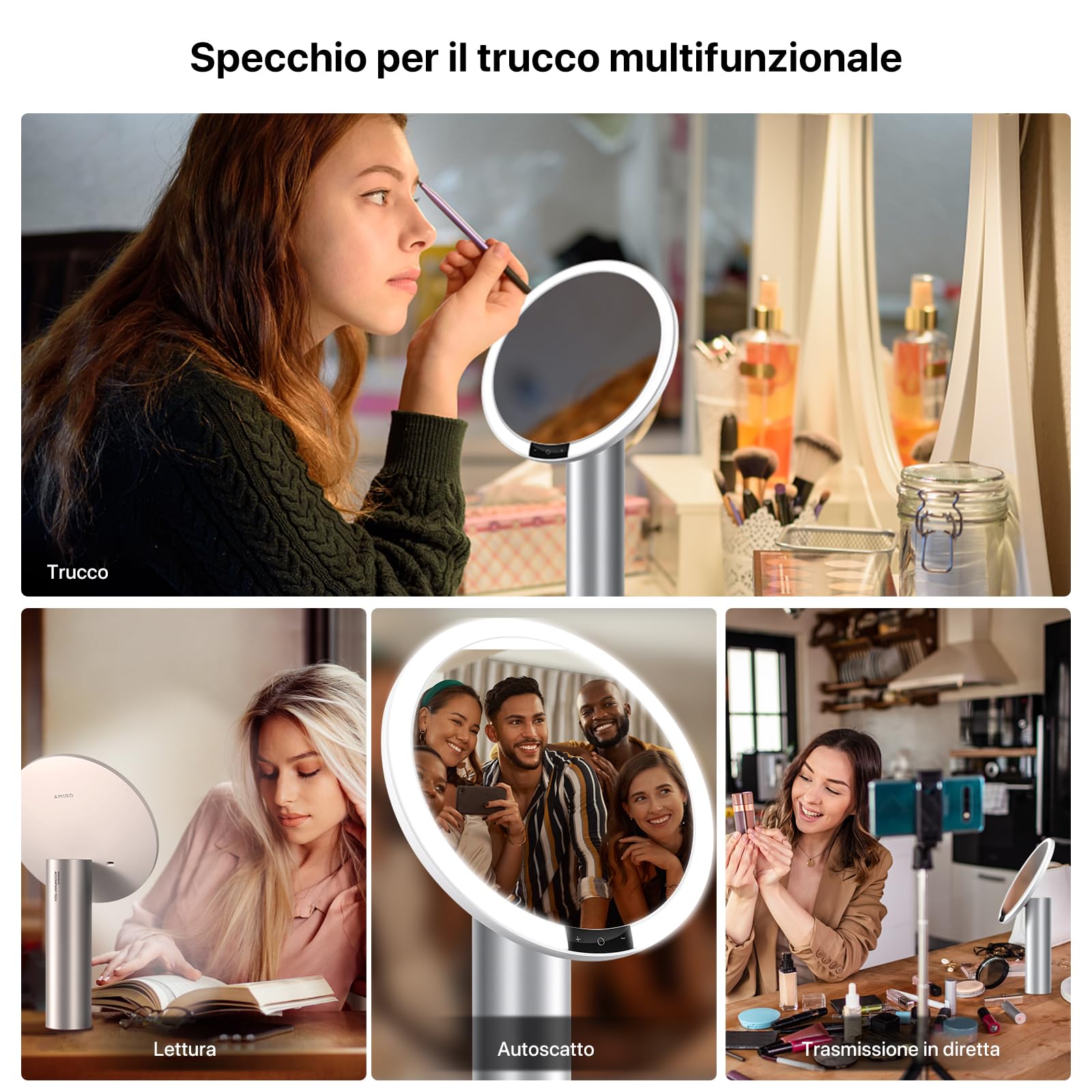 AMIRO Specchio da trucco illuminato da 9" con luci, sensore intelligente e controllo tattile, 3 colori e 6 luminosità Specchio da trucco HD, funzione di memoria,bianco,con 10X piccoli specchietti