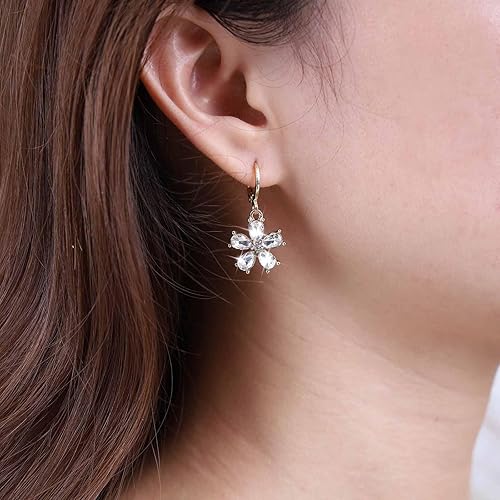 Vintage Emerald Flower Drop Earrings Green Crystal Flower Earrings Cz Flower Dangle Earrings Gold Huggie Hoop Earrings Jewelry for Women and Girls(Gold)