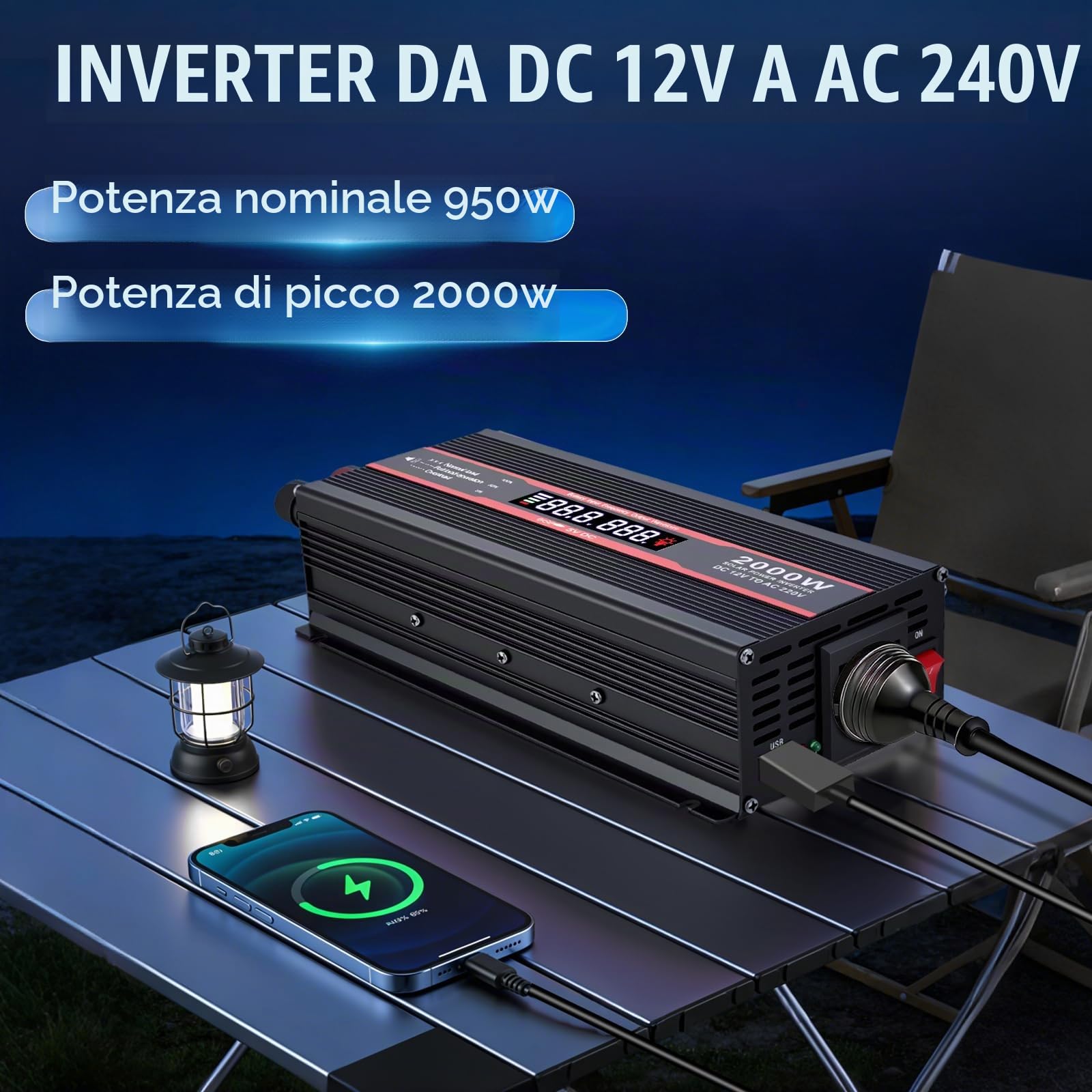 2000W Onda Sinusoidale Pura Power Inverter DC 12v in AC 220v Trasformatore Convertitore di Tensione con Display LCD Intelligente, EU Presa, porta USB e accendisigari per auto, camion, roulotte