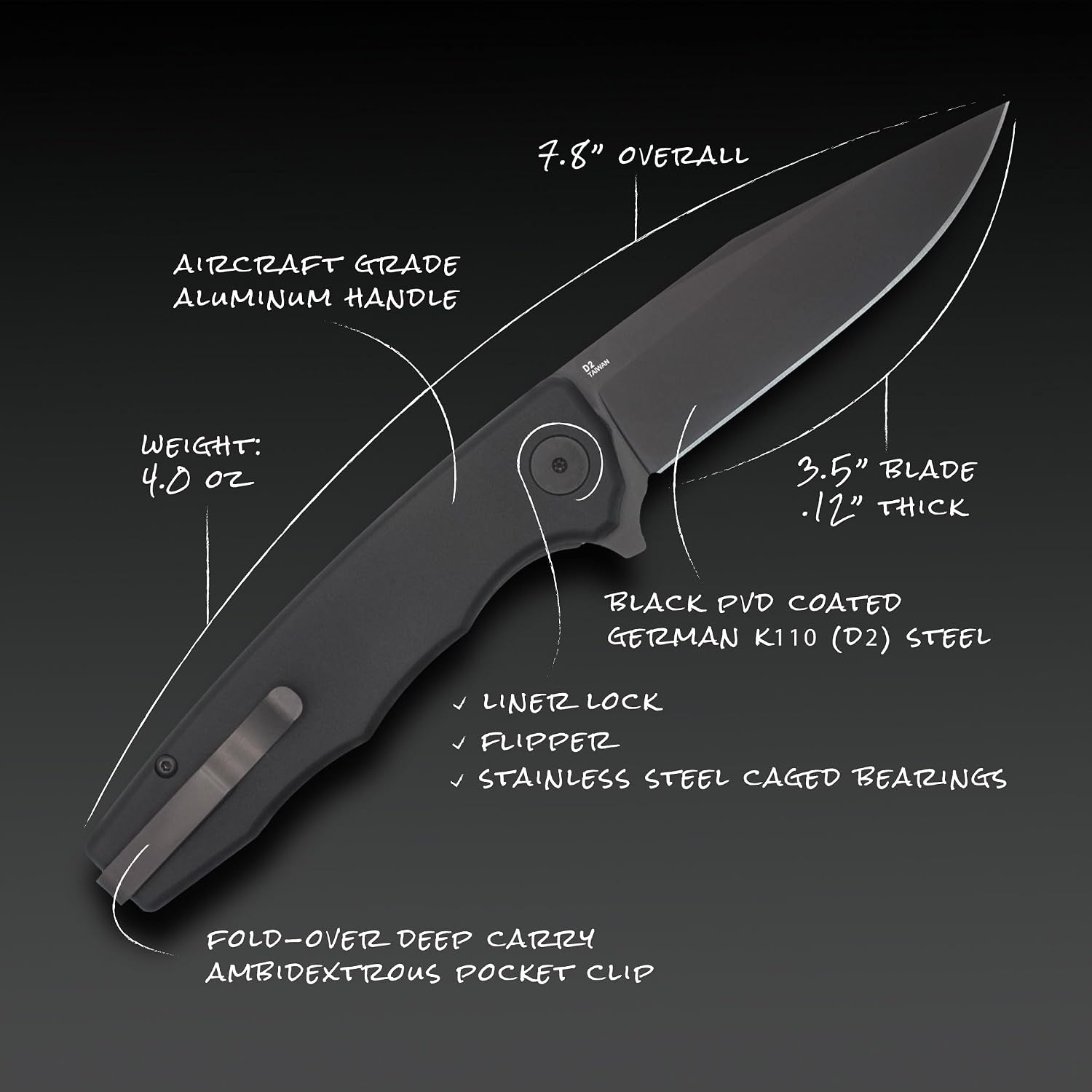 OCASO - Strategy Everyday Carry Pocket Knife, 3.5" Bohler K110 D2 Steel, Aluminum or G-10 Handle, Ambidextrous Deep Carry Pocket Clip, Black Aluminum 29BAB