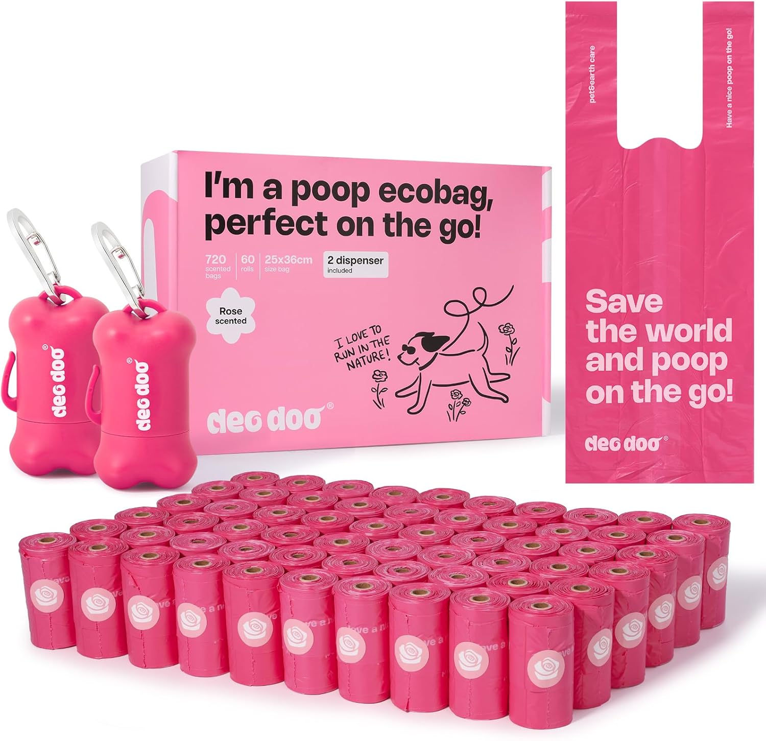 Dog Poop Bags with Handles 60 Rolls 720 Counts Big Sizes Leak Proof and Extra Thick Waste Bags Refill Rolls for Walking Small Medium Large Dogs Cats Litter With 2 Dispensers Rose Scented