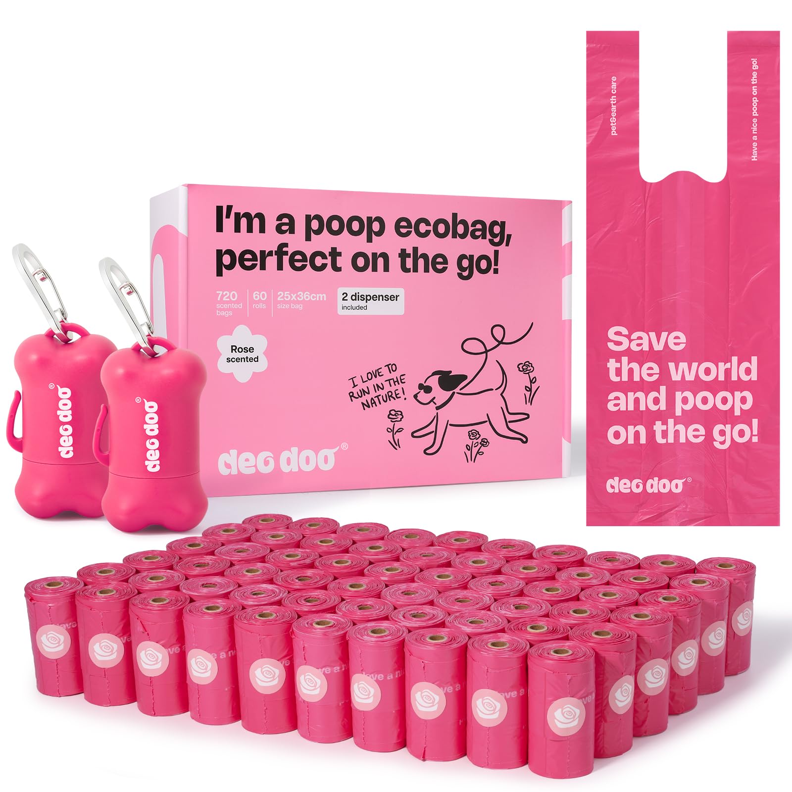 Deo Doo Dog Poop Bags with Handles 60 Rolls 720 Counts Big Sizes Leak Proof and Extra Thick Waste Bags Refill Rolls for Walking Small Medium Large Dogs Cats Litter With 2 Holders Rose Scented