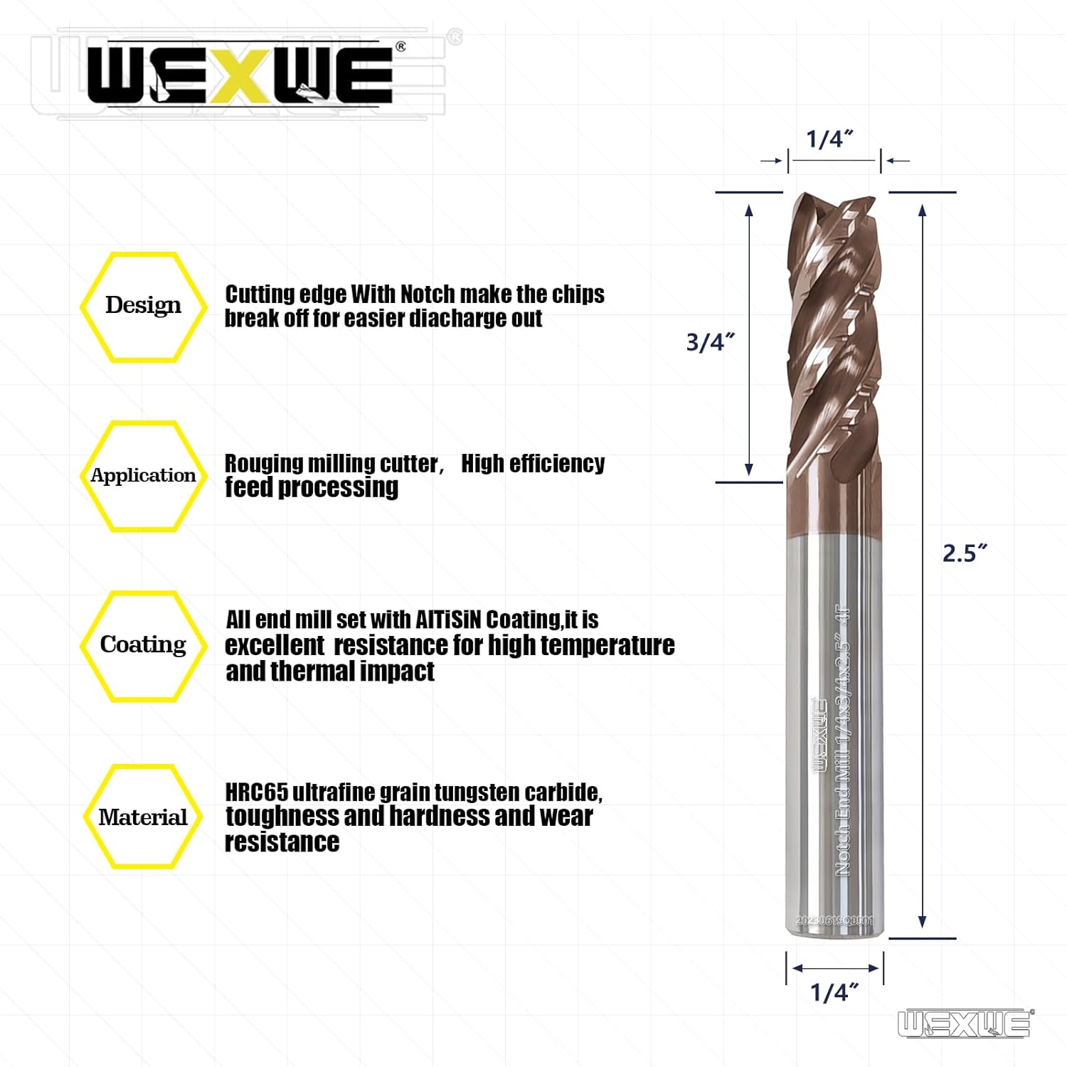 Tools Carbide Roughing End Mill with Notch Groove Square Carbide End Mills for Generral,Alloy,Cast Iron, Hardened Steel Cutting- 4 Flute Cutting Tools 1/4 Shank (1/4-2.5" 2PCS)