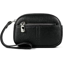 FuninCrea Coin Purse for Women with Strap & Keychain, Faux Leather Coin Wallet Wristlet, Lightweight Portable Small Change Purse with 2 Zipper Pockets for Card Change Key, Black B, 4.9 x 3.5 x 1.2 in