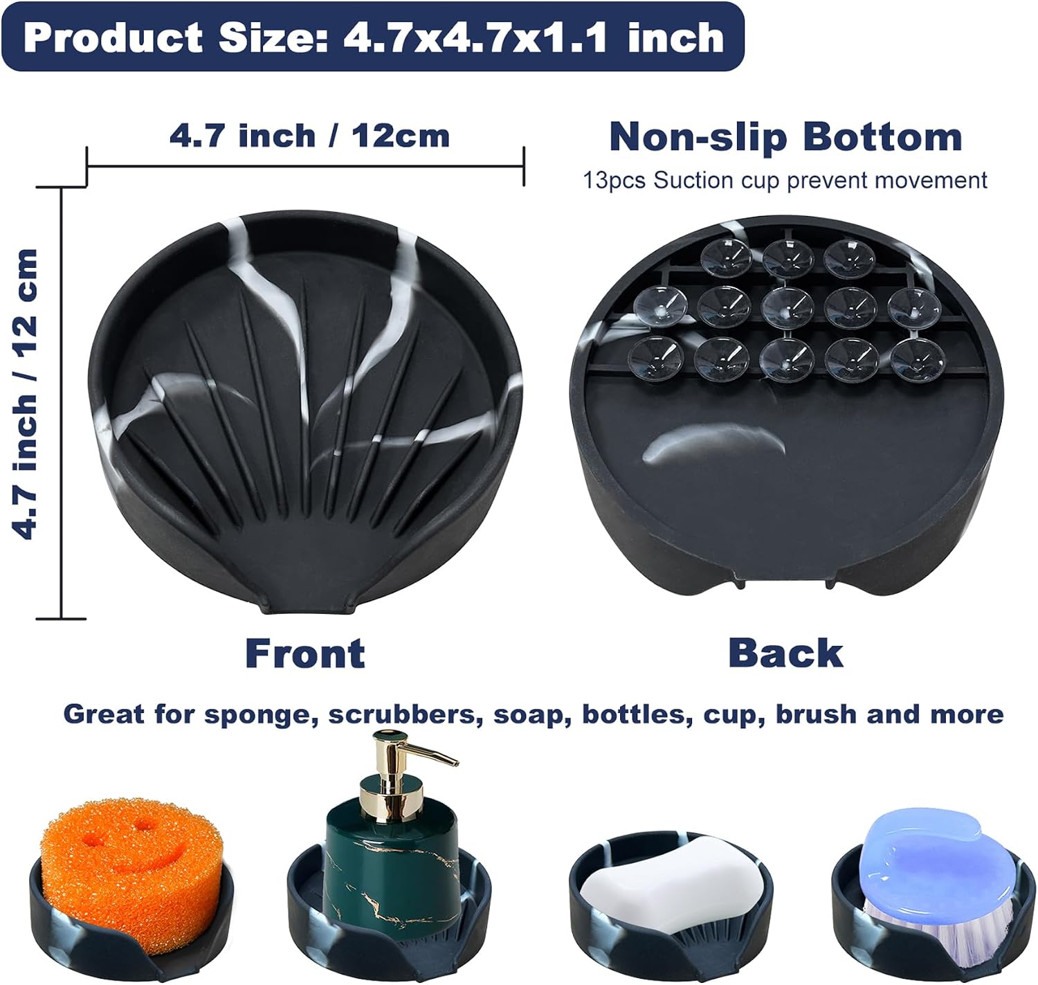 Self Draining Soap Dish, Silicone Soap Holder with Suction Cup and Drain Spout, Kitchen Bathroom Sink Organizer, Dish Soap Bar Tray Savers Sponge Holder, Perfect for Dispenser, Scrubber, Bottle, Cup
