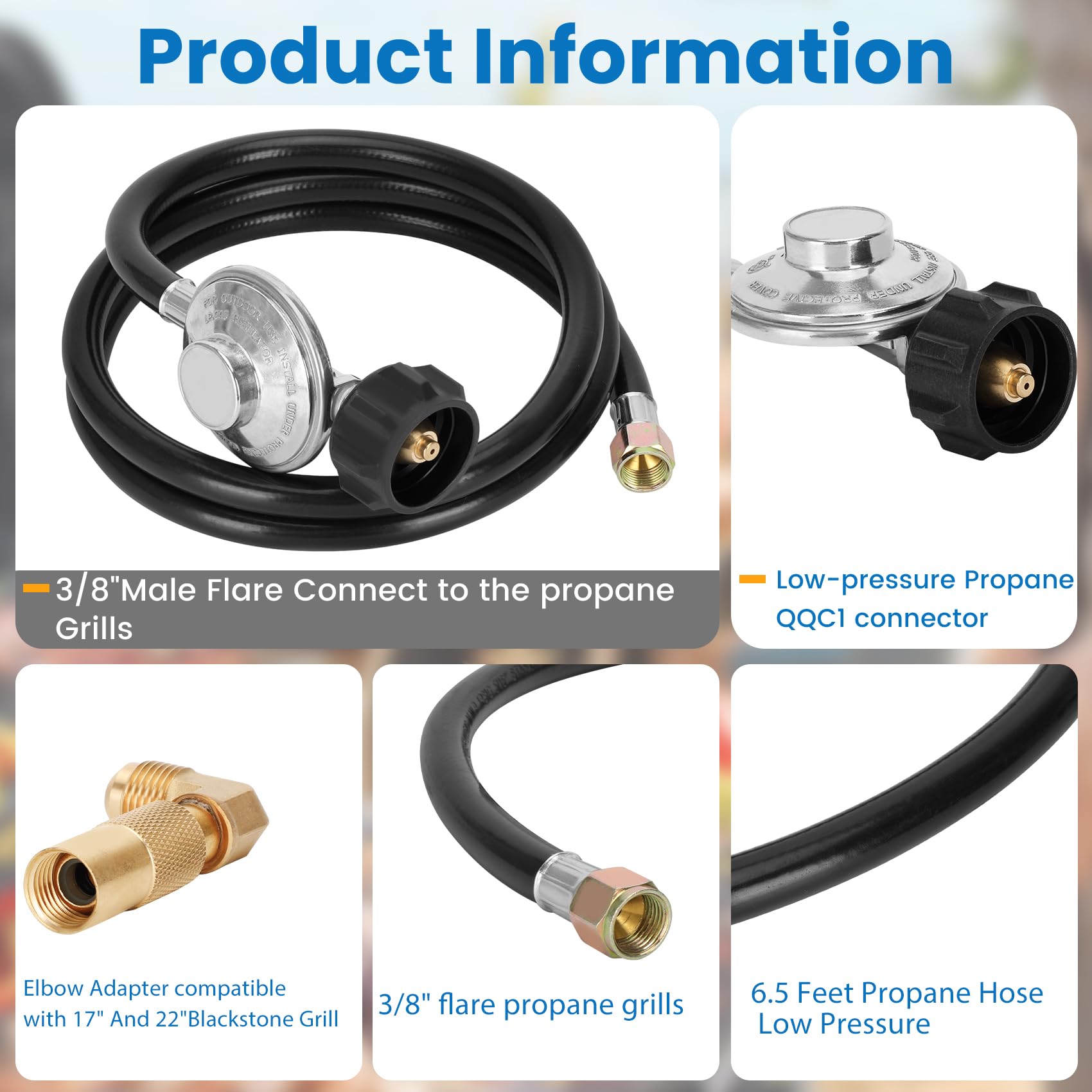 Regulator propanu i wąż z adapterem łokciowym do grilla Blackstone 43 cm i 56 cm, uniwersalny regulator grilla QCC1, części zamienne do grilla propanowego, podłącz do zbiornika na propan