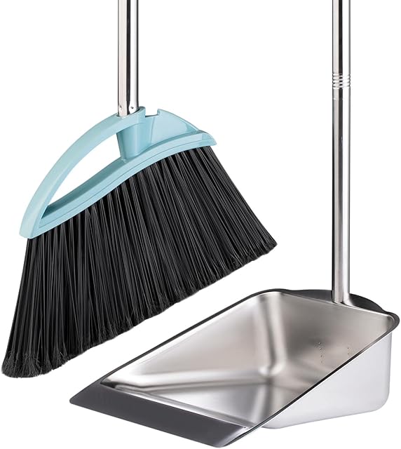 Long Handled Dustpan and Brush Set, Yangbaga Heavy Duty Dustpan and Brush Sets Mental with Adjustable Long Handle for Indoor and Outdoor, Great for Household Cleaning and Sweeping Blue
