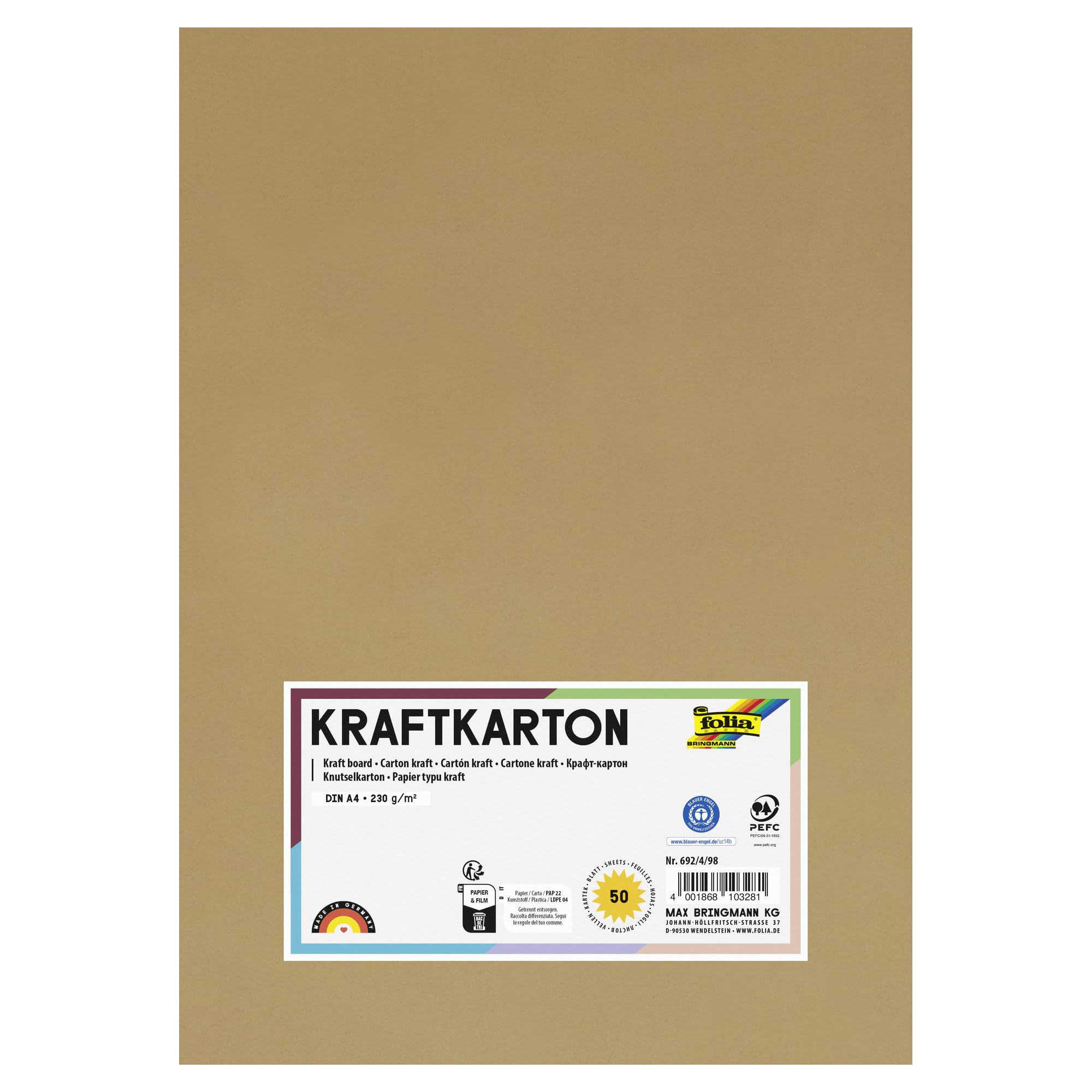 folia 692/4/98 – Kraft Card, Natural, 230 g/m², DIN A4, 50 Sheets, for Individual Crafting and Designing of Greeting Cards, Invitations, Place Cards, etc.