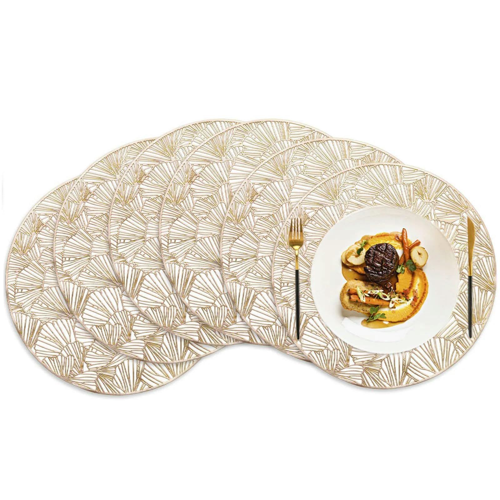 Runde Tischsets, goldfarben, 6er-Set, Tisch-PVC-Hohl-Tischsets, hitzebeständig, rutschfest, for Essen for Küche, Restaurant(Gold D)