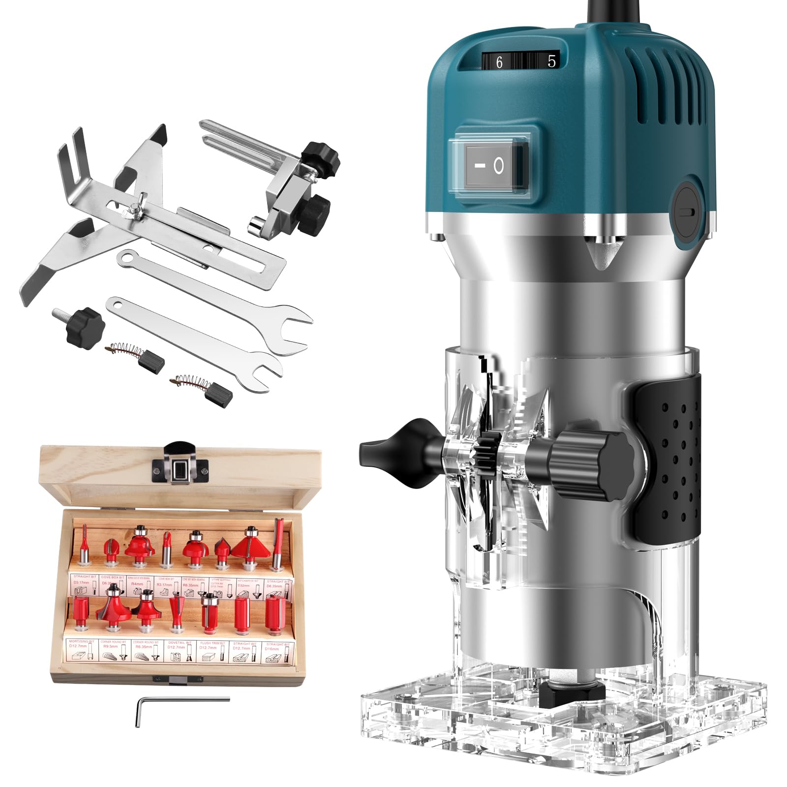 JiGiU Fresadora de Madera 800W Rebajadora Eléctrica 6.35mm(1/4 pulgada) 30000r/min con Función de Control de Velocidad para Ranurado Rectificadora con 15piezas Fresas