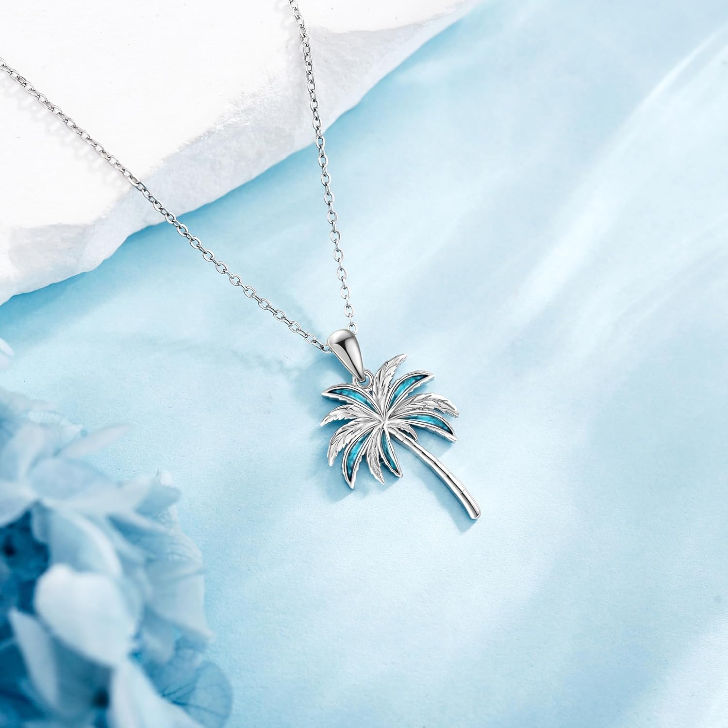 URONE Palm Tree Necklace 925 Sterling Silver Coconut Tree Turquoise Pendant Necklace Tropical Palm Beach Jewelry Gifts for Women