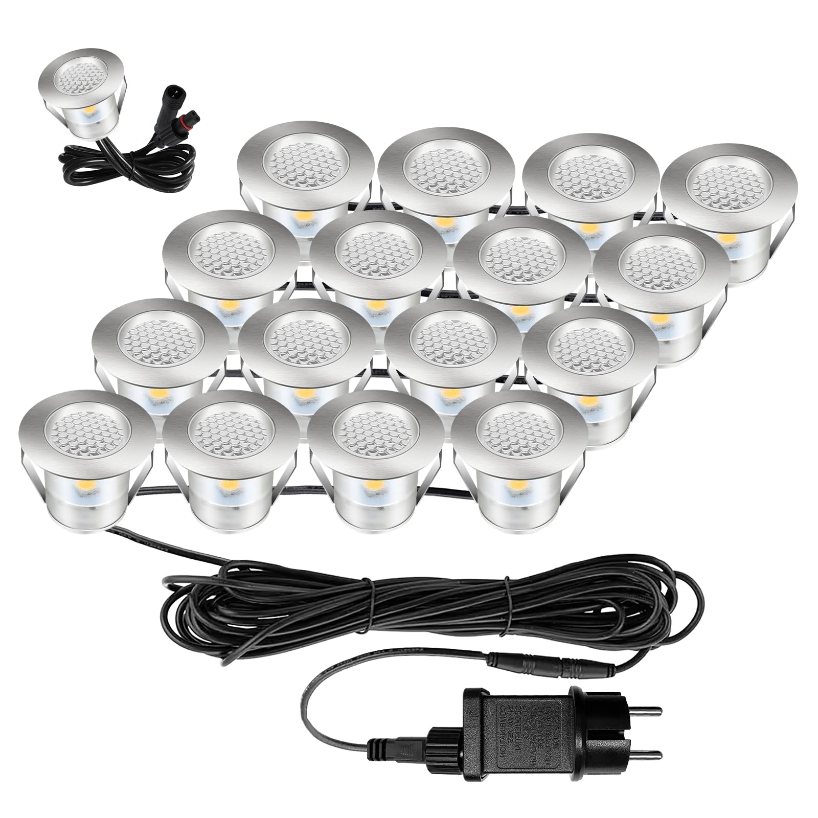 Bigzom Set de 16 suelo terraza exterior iluminación, blanco cálido, IP67 impermeable, focos exterior para puentes de piscinas, madera, cubiertas de madera, jardines, lámparas incrustadas mini