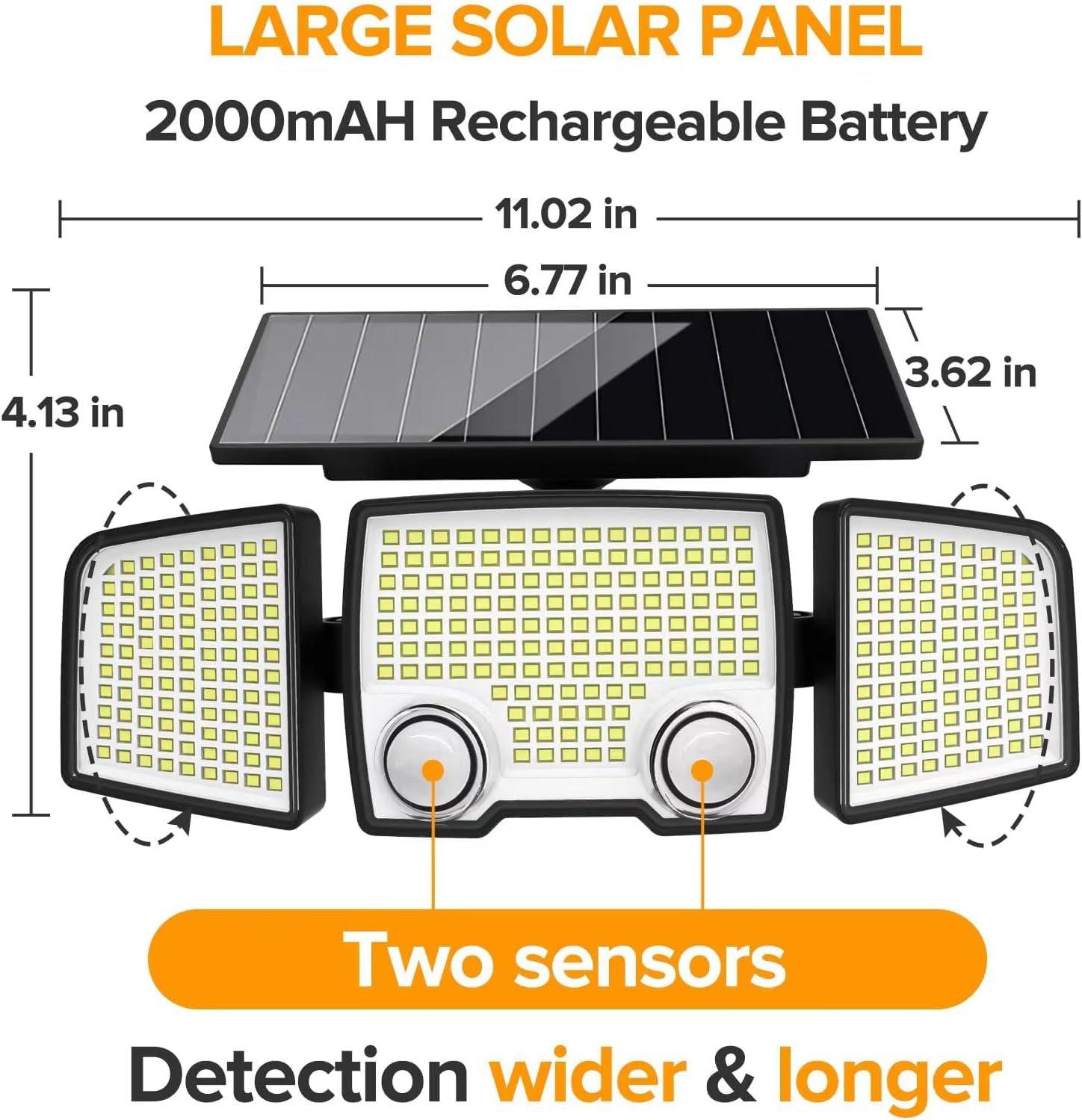 Lumisky Set di 2 faretti solari a 3 teste nere RAYLITE – Luce LED potente, bianco, orientabili con rilevatore di movimento, ideali per fissare giardino, terrazza ed esterno