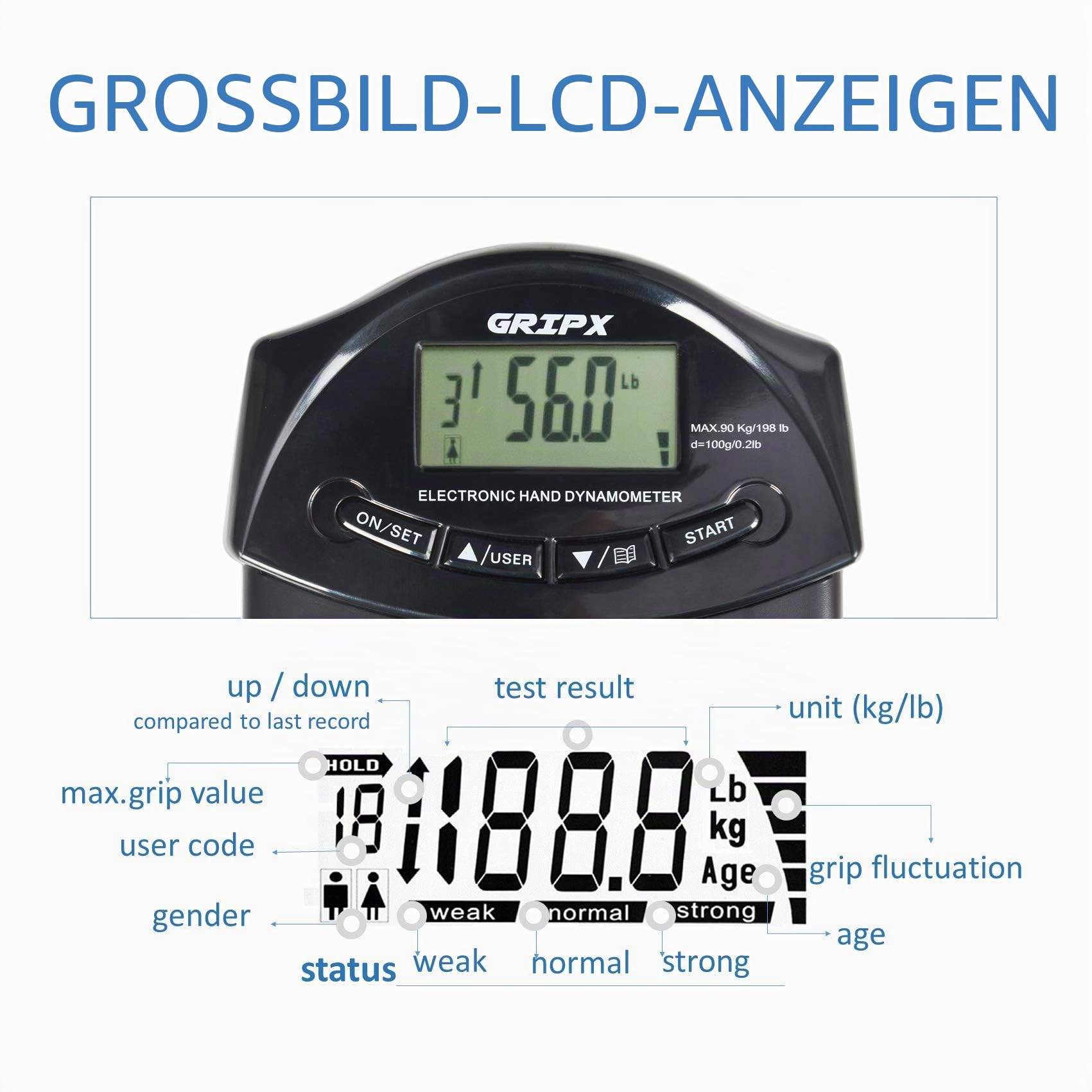 Digitaler Handdynamometer Griffstärke-Messgerät Automatische Erfassung der elektronischen Griffkraft 198 lbs / 90 kg