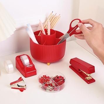 SKYDUE Office Supplies Set Red Desk Accessories Stapler Tape Dispenser Scissors Binder Paper Clips 1000 Pcs Staples Office Decoration for Women