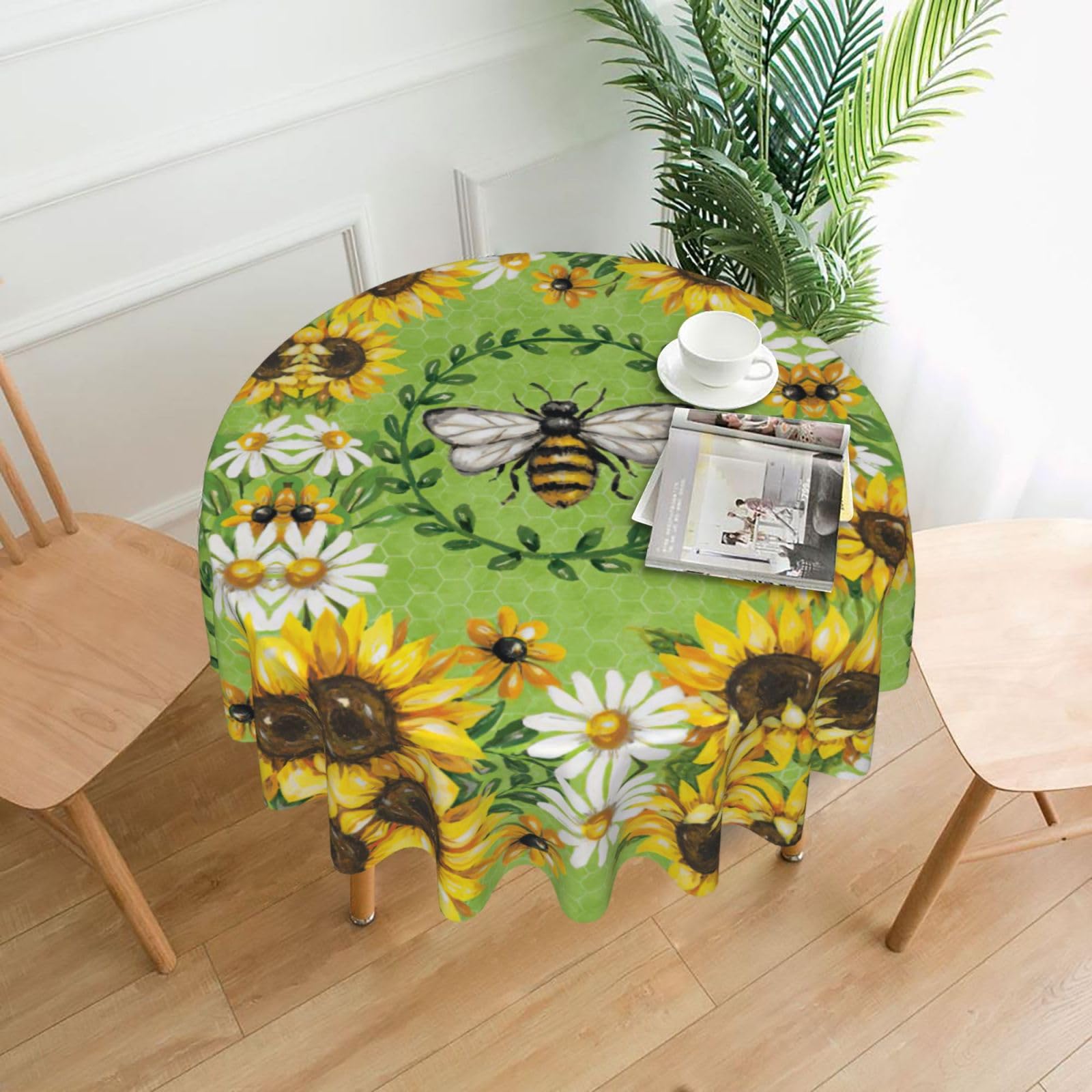 Zcmkjlg bee & Sunflowers Print Quick Ship Round Tablecloth 60in Polyester Washable Cover for Dining Room