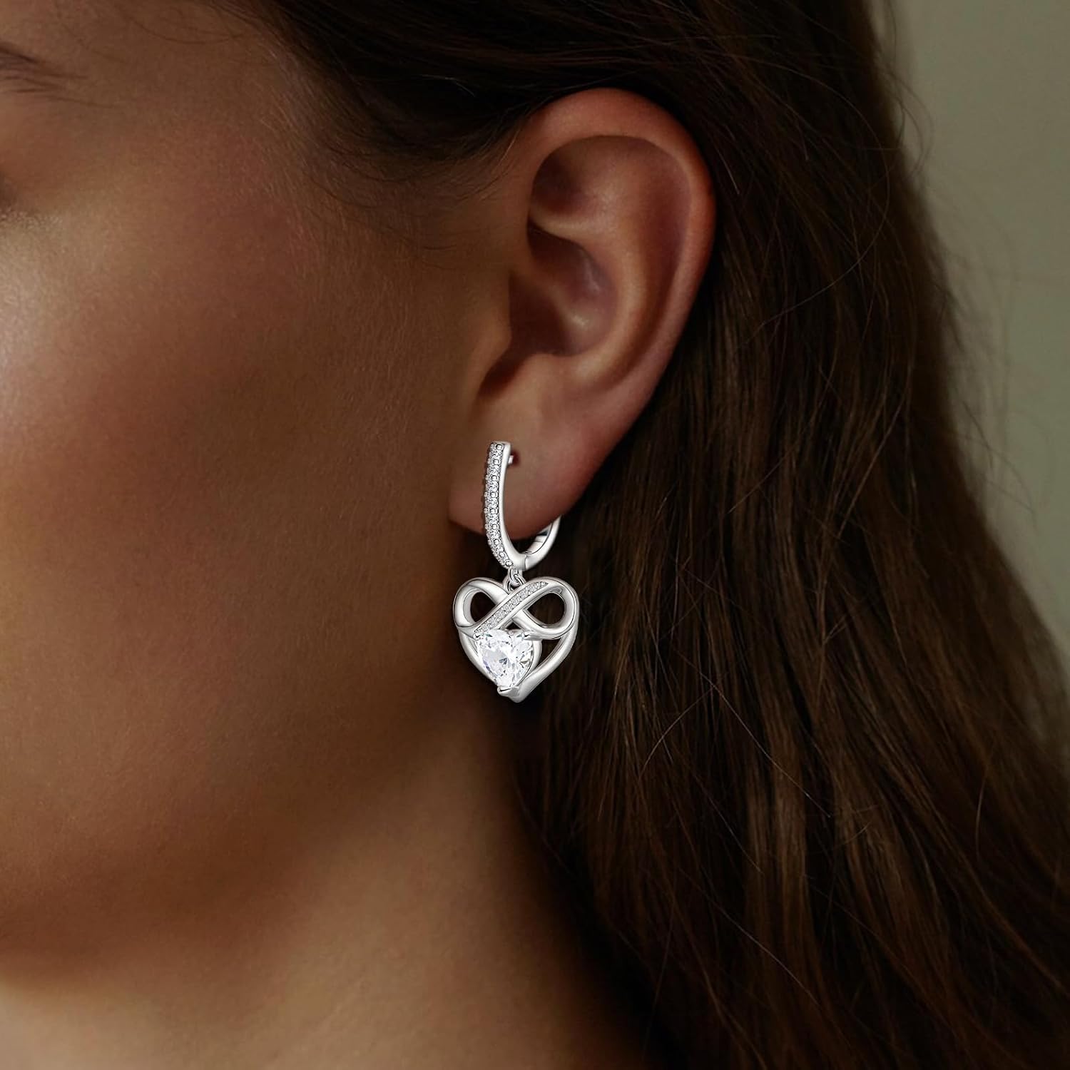 Heart Earrings for Women - Sterling Silver Dangle Hoop Earrings for Lady Hypoallergenic Sparkle Cubic Zirconia Infinity Love Heart Earring for Sensitive Ears Dainty Jewelry Gifts for Her Wife Mom - Image 4