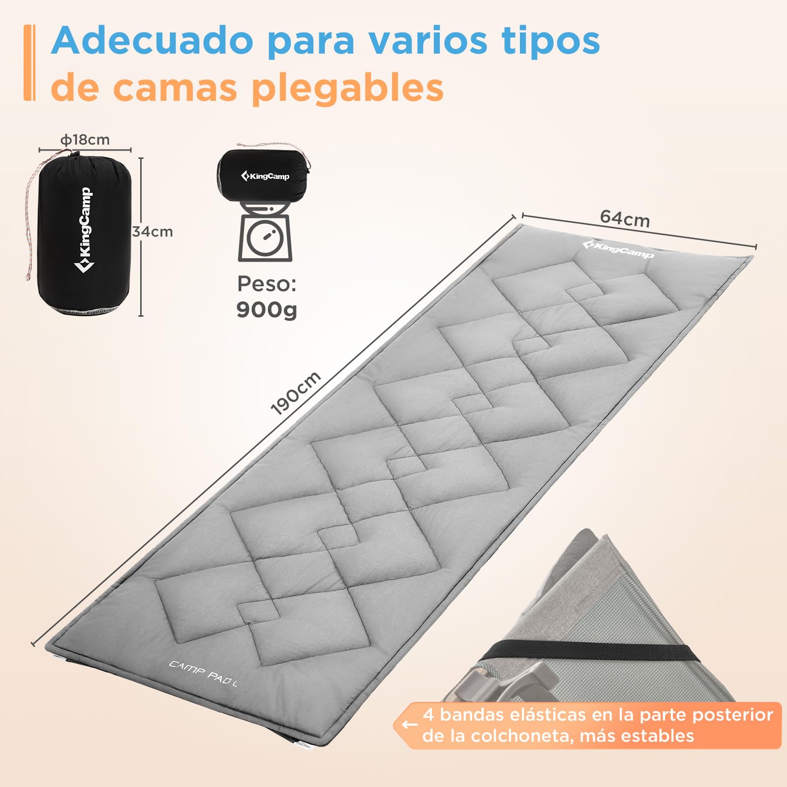 KingCamp - Cubrecolchón de 500 g/m², Relleno Grueso para Cama de Campamento Plegable, colchón de Cama de Campamento y cojín con Doble Sistema Antideslizante, polialgodón Transpirable, Lavable a
