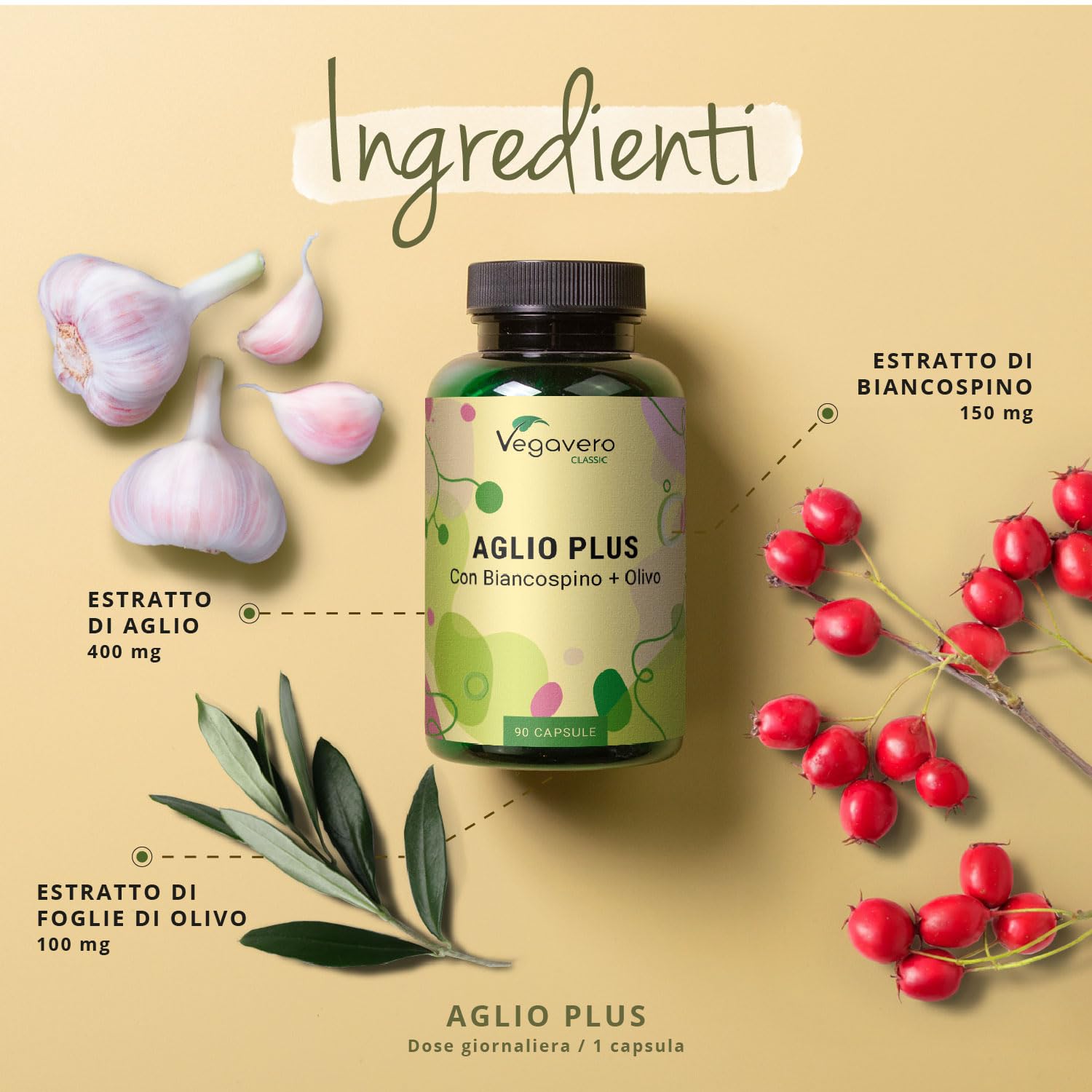 Aglio + Biancospino + Ulivo Vegavero® | Estratti titolati: 1% di Allicina, 3% di Flavoni e 40% Oleuropeina | Integratore in Capsule per la Pressione Sanguigna* | Vegan