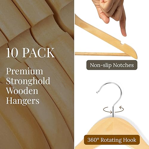 Miniatura 2 de Hodge Home Essentials Perchas de madera natural de alta calidad, paquete de 10 unidades, duraderas, resistentes, perchas con 360, gancho giratorio,