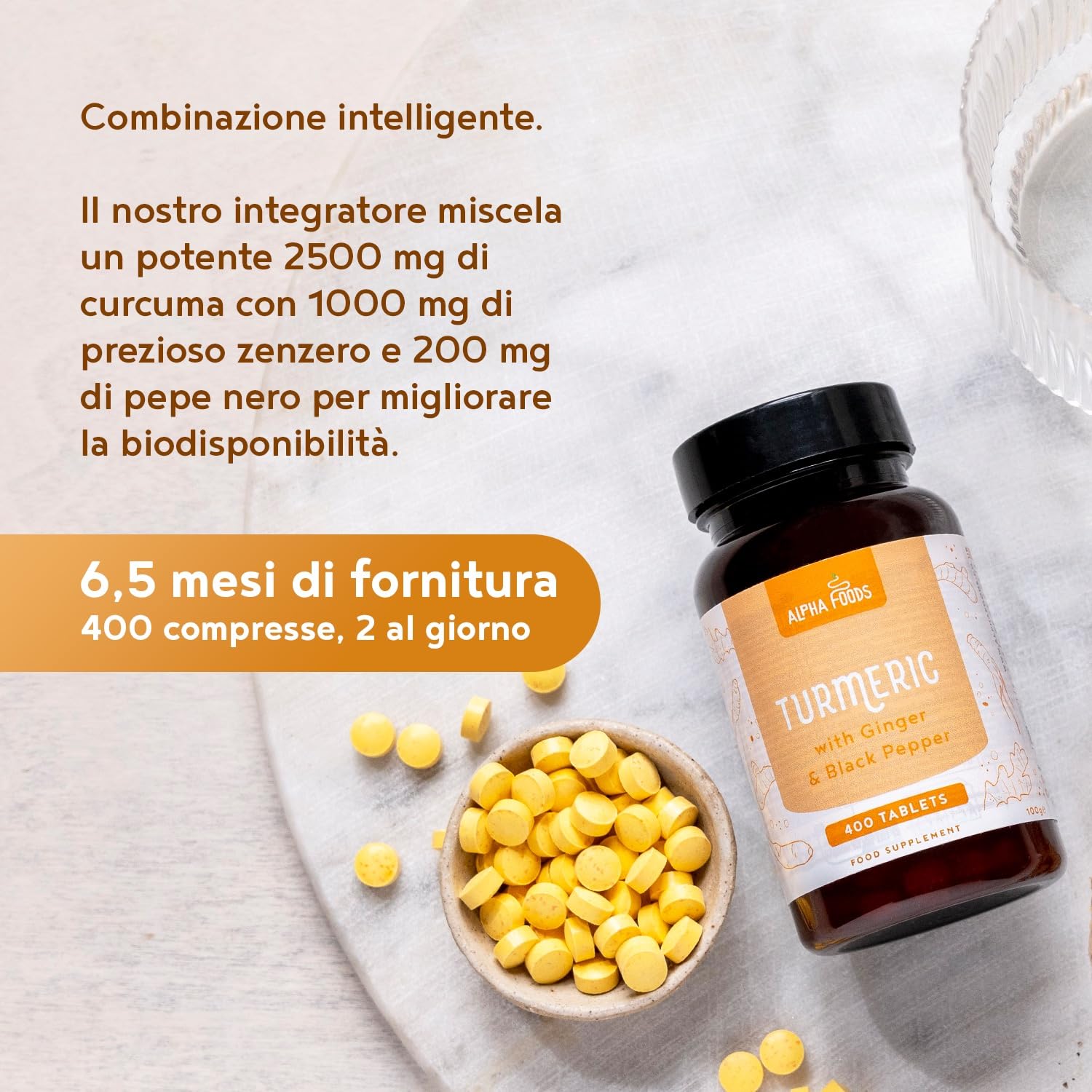 Curcuma ad alto dosaggio | 2500mg al giorno | 400 compresse con curcumina, pepe nero (piperina) e zenzero | Vegan | Alternativa a turmeric in polvere & capsule | Alpha Foods