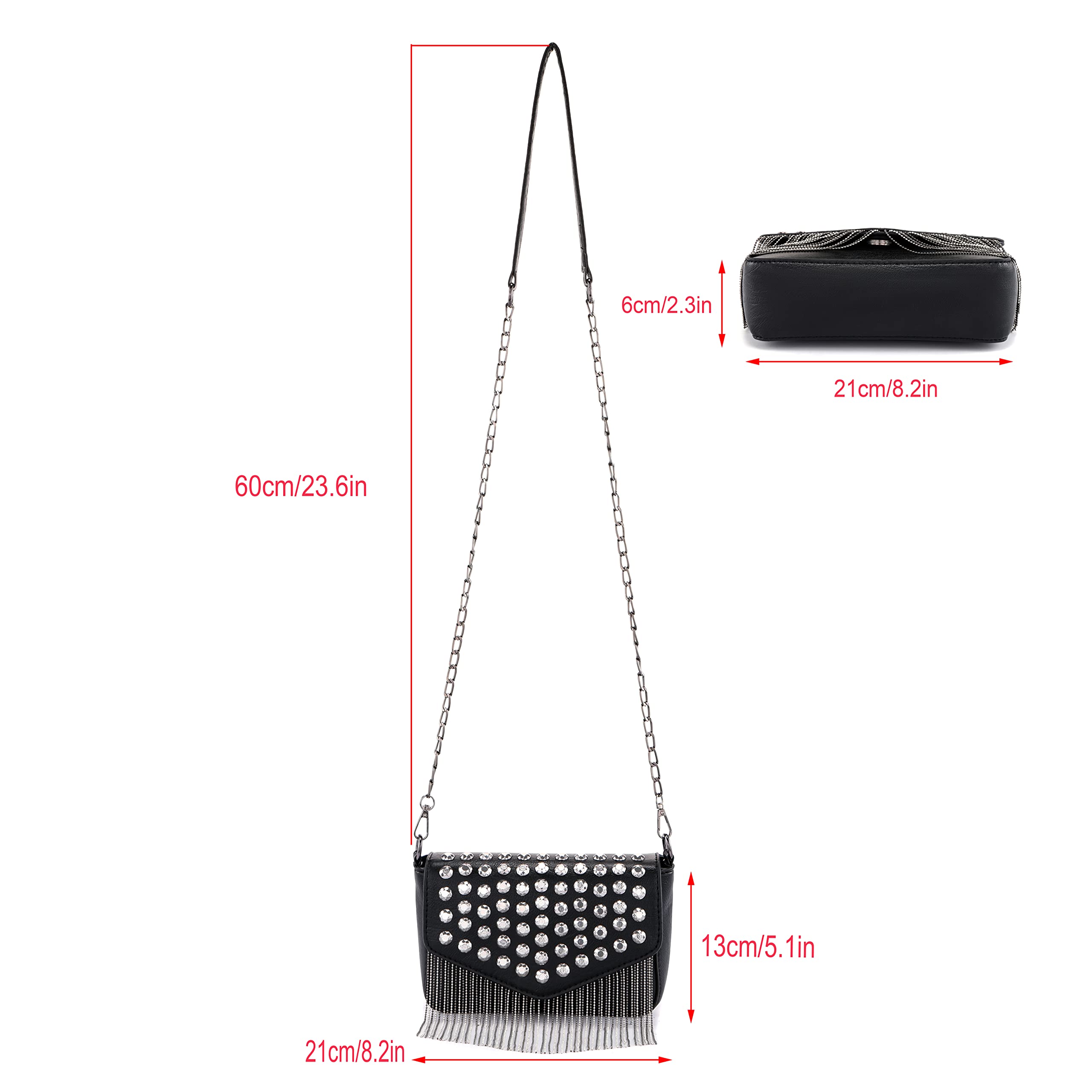 Ayliss Women Crossbody Handbag Purse Small Rivets Studded Tassel Shoulder Bag Clutch Gothic Punk Rock Party Funky Bag (Rectangle Black)