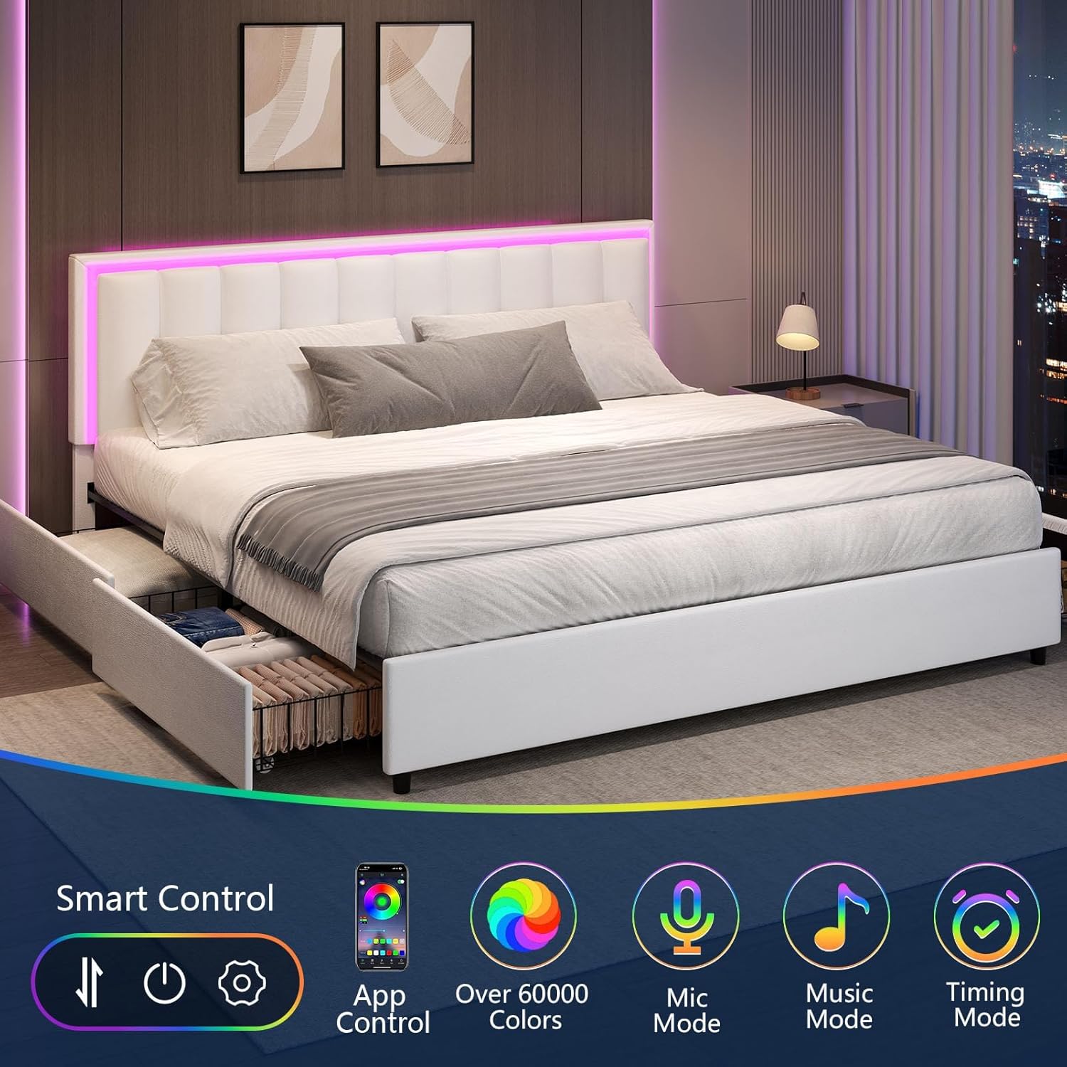 King Size Bed Frame with 4 Drawers, Bed Frame King with LED Lights, Upholstered King Bed and Headboard, No Box Spring Needed, Noise-Free, Easy Assembly, White