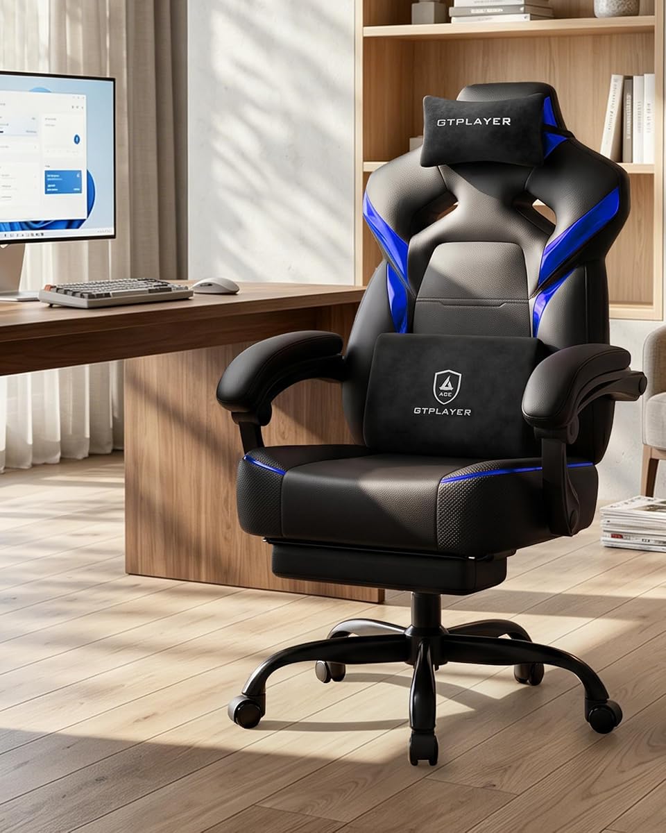 GTPLAYER Silla de juegos grande y alta con reposapiés, silla de oficina ergonómica con respaldo alto para adultos, capacidad resistente de 350 libras, cuero de primera calidad y ribete iridiscente, ACE-Armor, azul