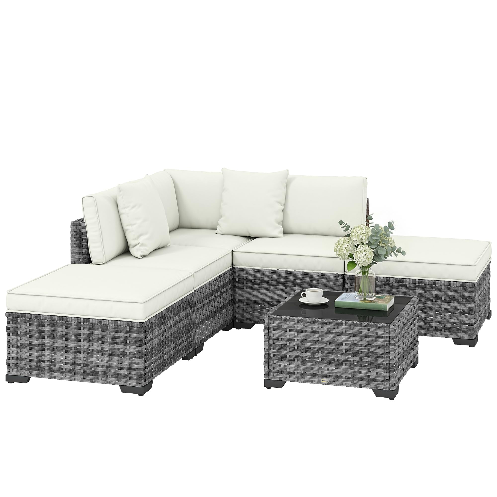 Outsunny Set Salotto da Giardino in Rattan 6 Pezzi, Set di Mobili da Giardino ad L con Divani senza Braccioli, Sedia Angolare, Poggiapiedi, Cuscini, Tavolino, Salottino da Esterno Patio, Grigio Misto