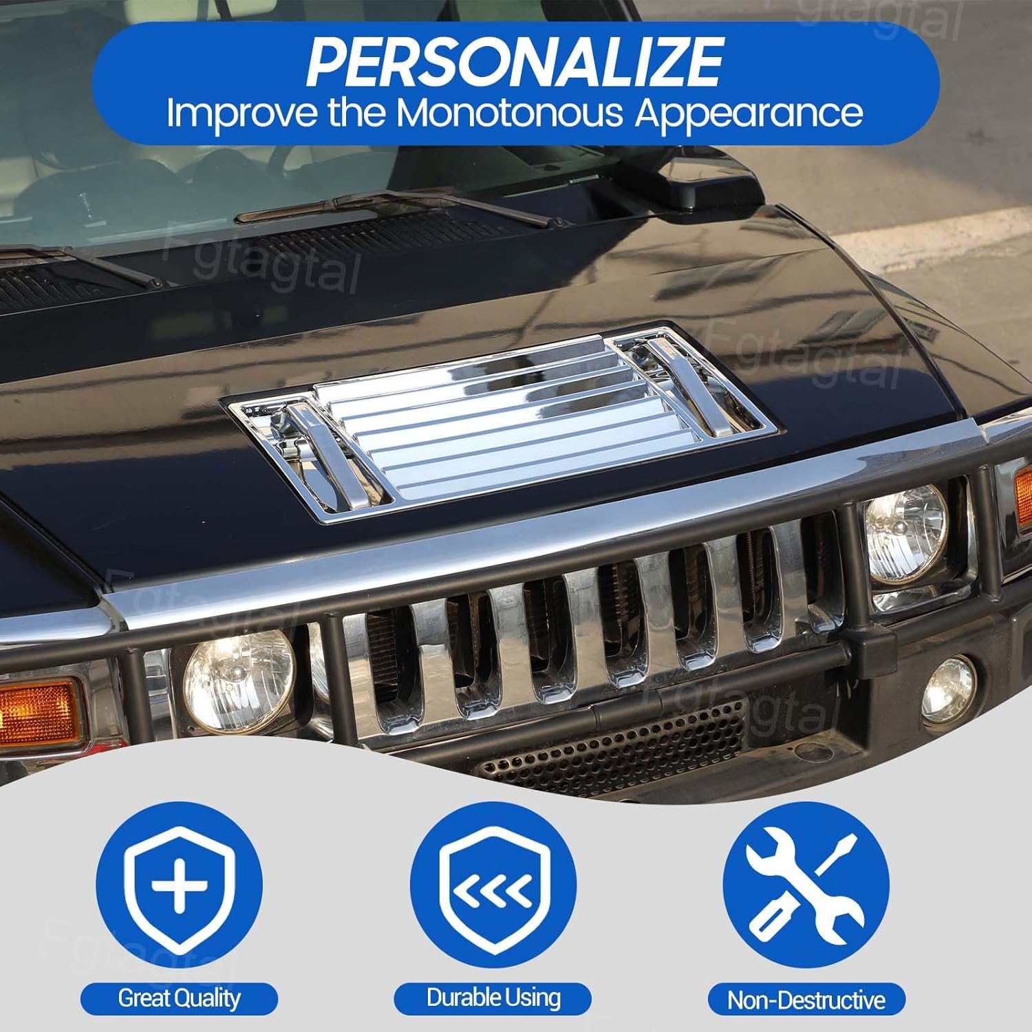 Hood Deck Vent Panel Trim Compatible with Hummer H2 2003-2009, Front Hood Vent Louver Cover, ABS Hood Deck Vent Panel Covers Trim Moulding (Bright Silver)