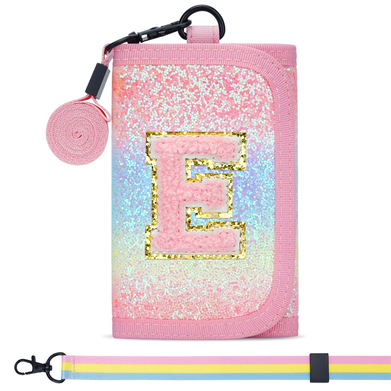 Gifts for Girls 3 4 5 6 7 8 9 10 11 12 Years Old Kids Wallet Cute Initial Coin Purse Toddler Wallet with Magic Sticker (Shiny Rainbow, E)