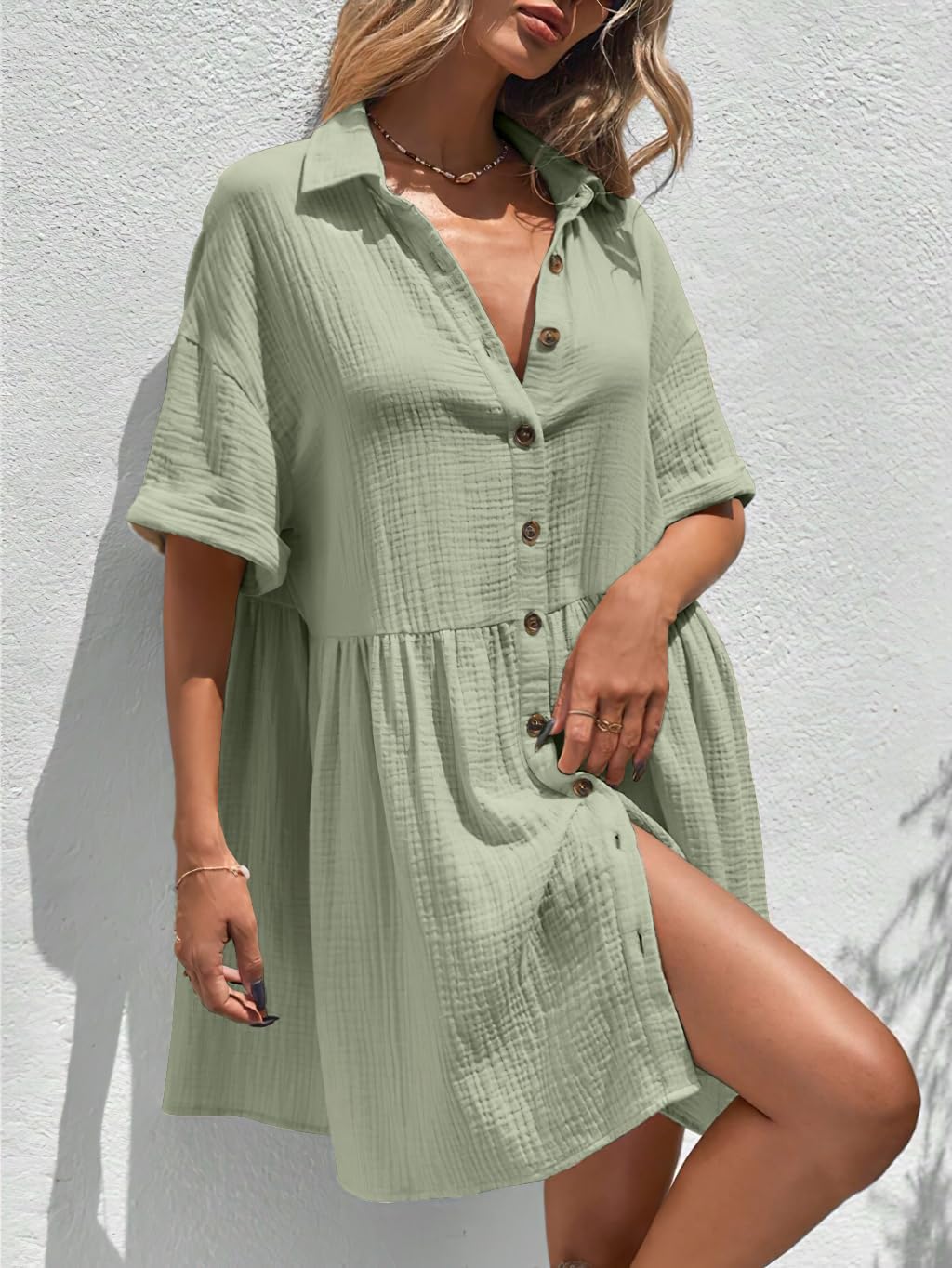 chouyatou Women's Casual Short Sleeve Button Down Mini Shirt Dress Cotton Babydoll Tunic Loose Beach Dress - Image 6