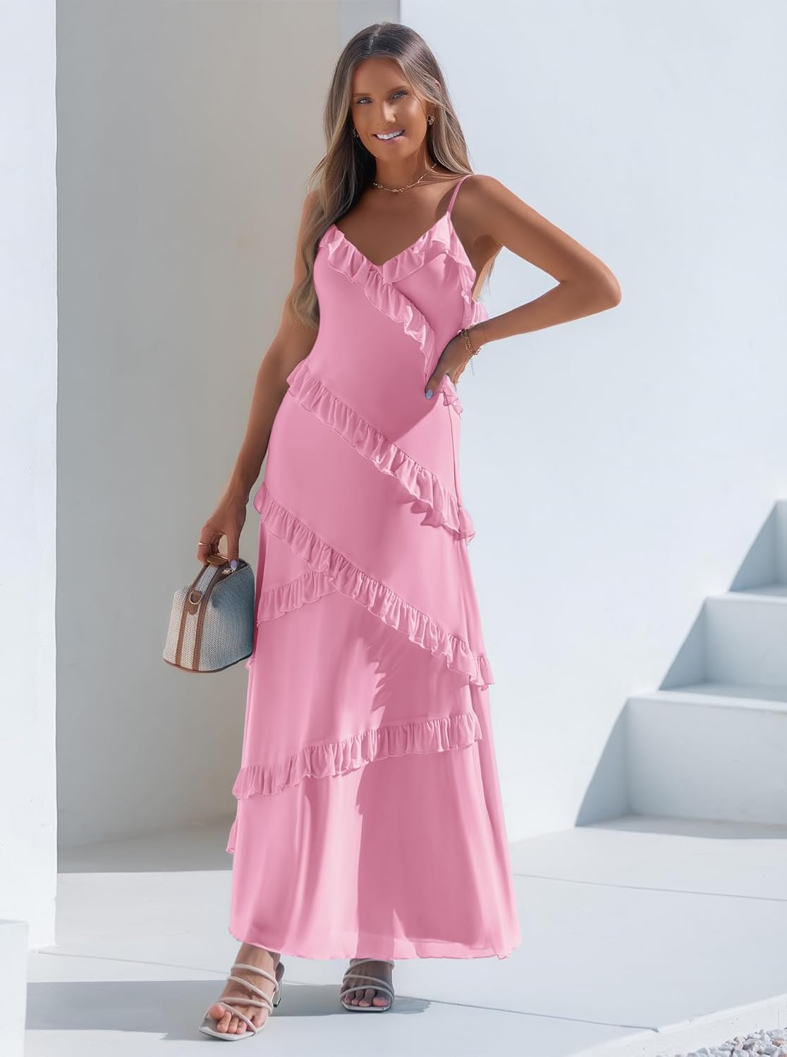 Women's Ruffle Tiered Wedding Guest Dresses Cami Mesh Maxi Dress Gown Cocktail Party Club Casual Summer Sundresses - Image 3