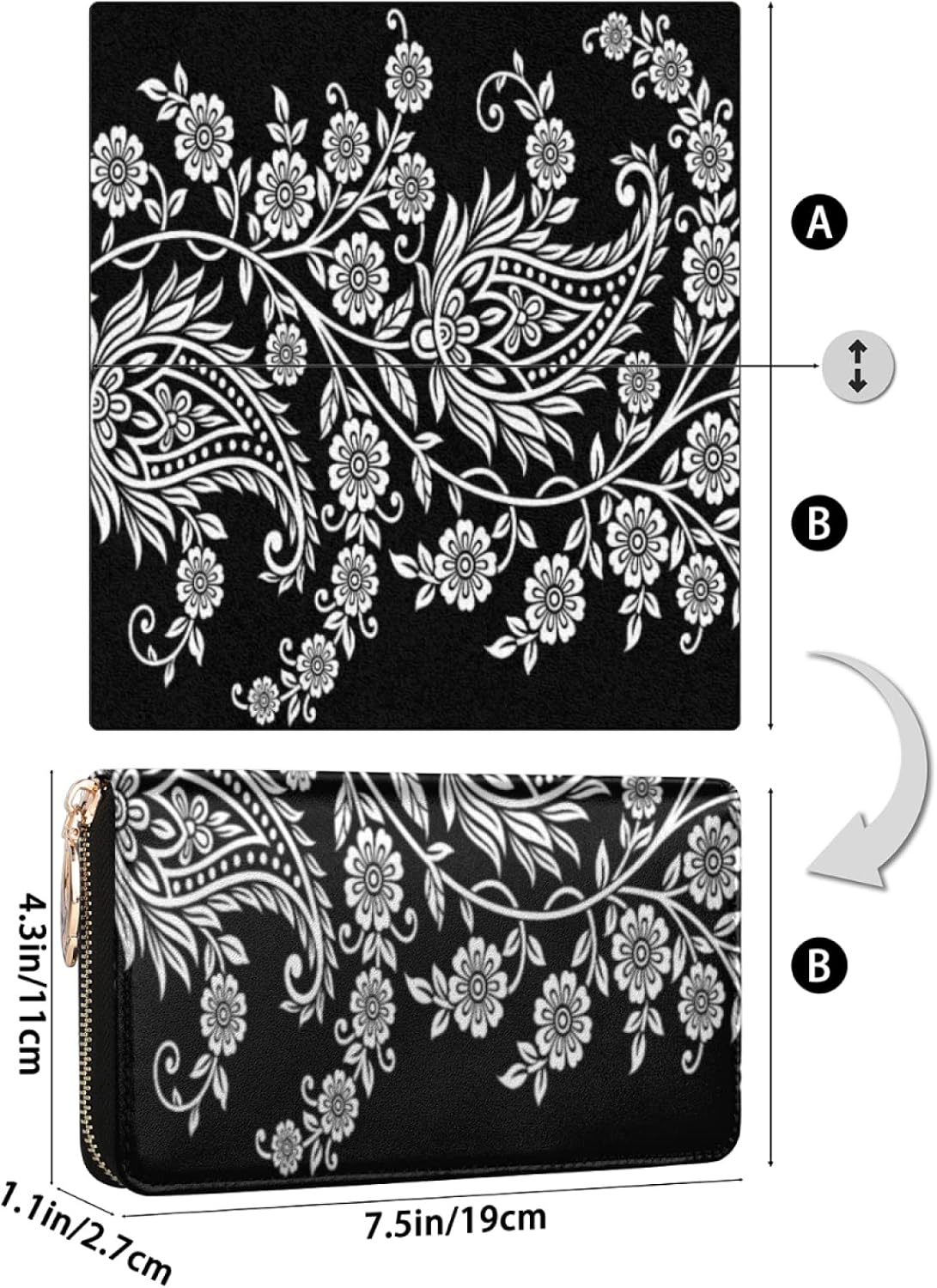 Vintage Indian Flowers Wallets For Women Gold Zip Around Credit Card Holder Organizer Ethnic Printing Long Wallet Large Capacity Lightweight Ladies Purse