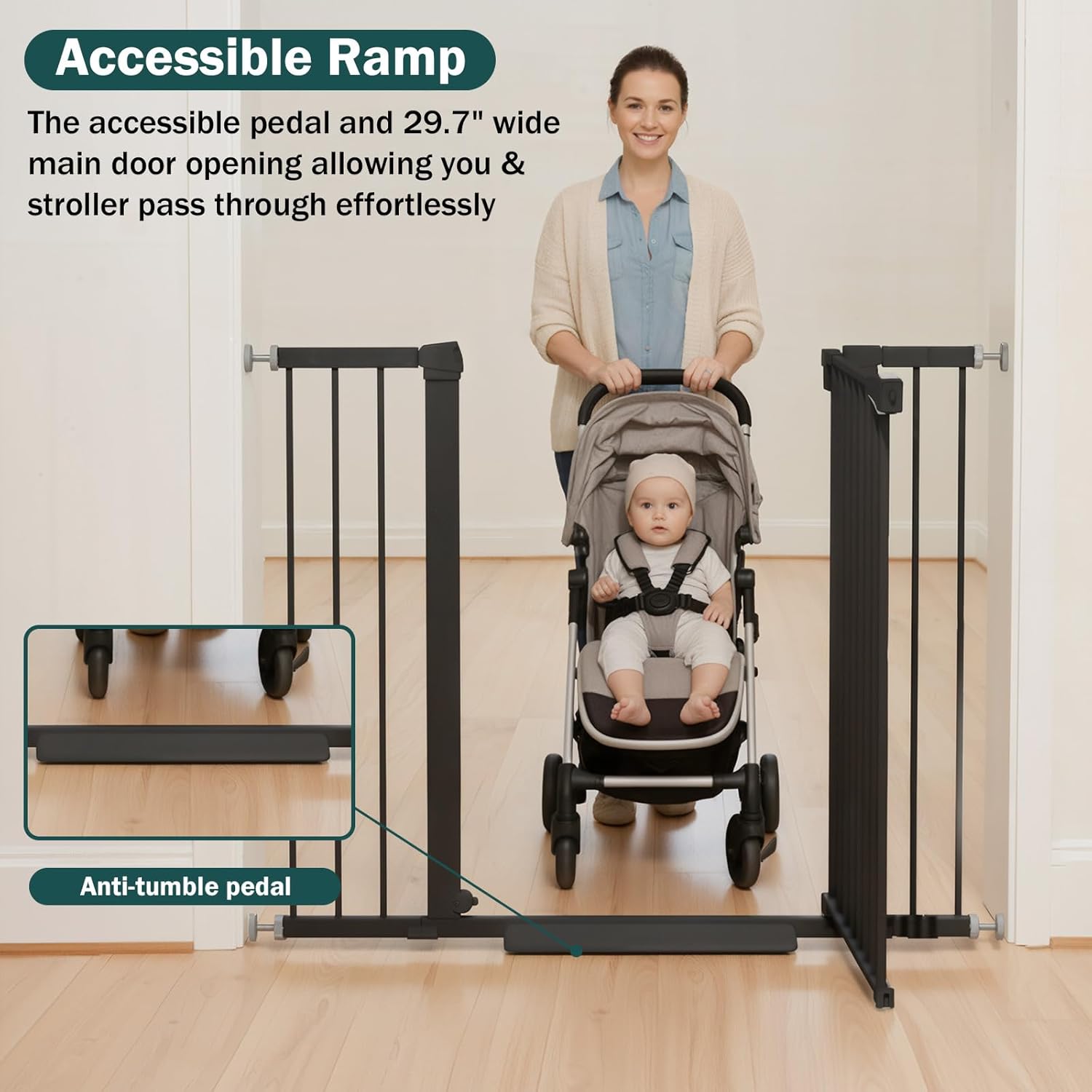 Mumeasy 36" Extra Tall Dog Gate, Auto Close Baby Gate for Stairs Doorways, 29.7-46" Wide Walk Thru Child Safety Gate for House, Easy Install Pressure Mounted Metal Pet Gate with Door, Black