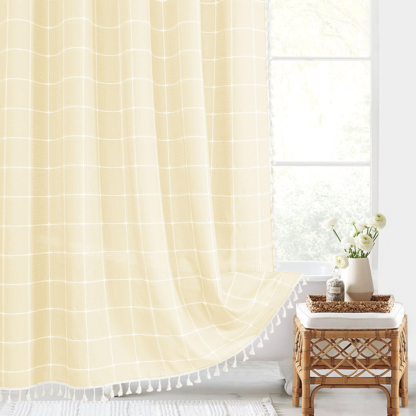 Photo 1 of Gibelle Yellow Cream Boho Farmhouse Shower Curtain with Tassels, Rustic Cottagecore Aesthetic Bohemian Chic Modern Bathroom Decor Thick Waffle Textured Fabric Shower Curtain Set with Hooks, 72x72