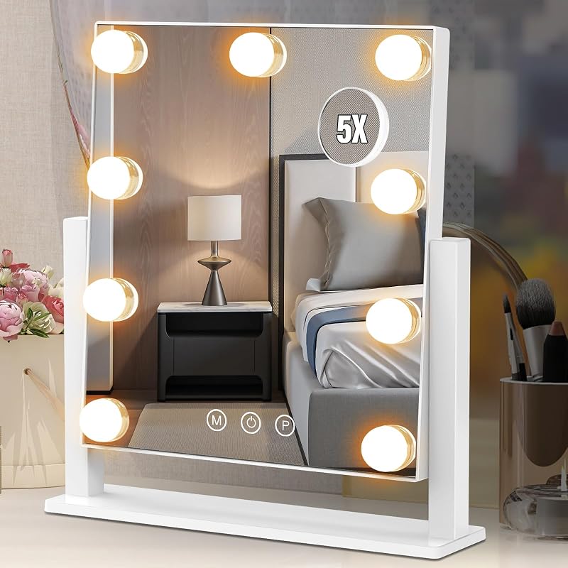 Espelho para maquiagem Dirket com iluminação LED, 3 modos de luz, 9 lâmpadas com brilho ajustável, espelho removível com ampliação 5X, controle por toque, rotação de 360°, branco