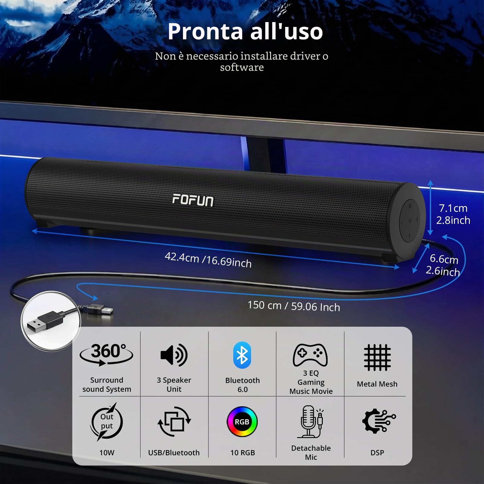 2 in 1 Gaming Soundbar con Microfono Staccabile,Casse per PC con Alimentazione USB, Bluetooth 6.0, Illuminazione LED RGB, 3 EQ Audio per PC Gaming,Laptop,TV,Smartphone