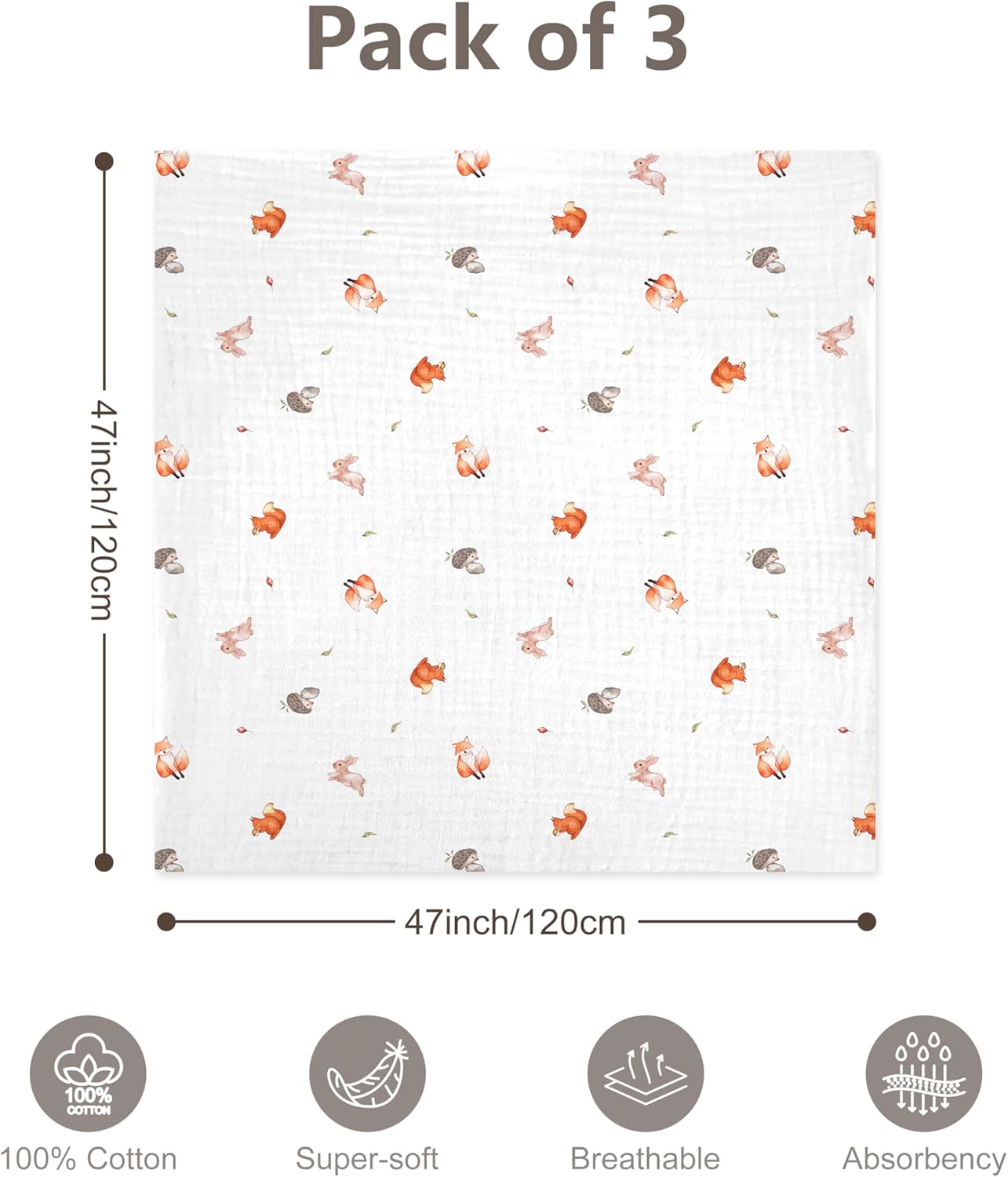 3-Pack 100% Cotton Muslin Swaddle Blankets, Large 47 x 47 Inches — Breathable Soft Receiving Blankets for Newborns, Swaddling Wraps, Registry Gift (Playful Forest Animals) - Image 4