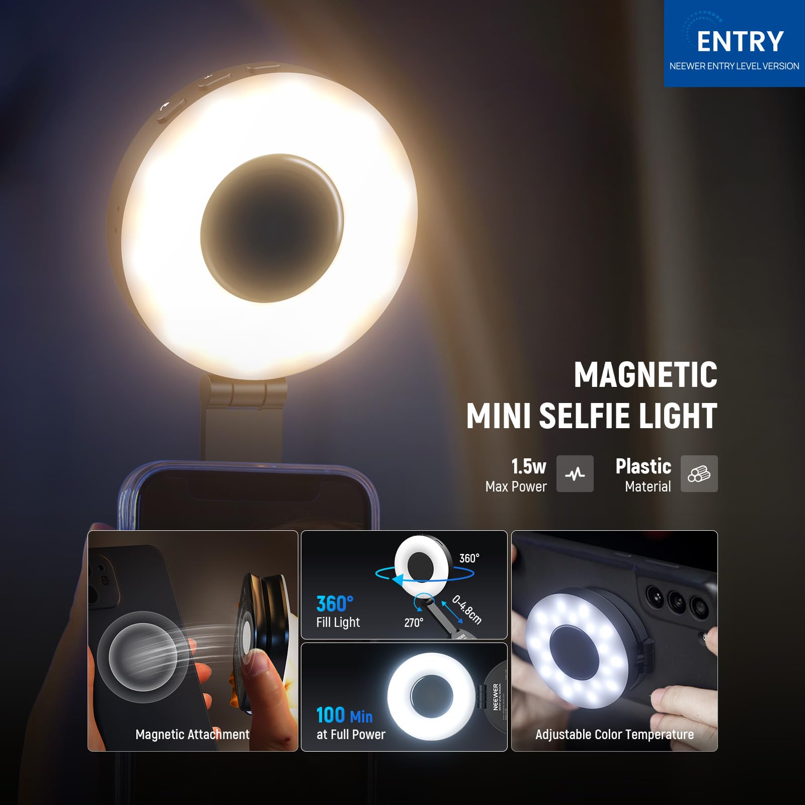 NEEWER WERSJA ENTRY LEVEL Magnetyczne światło do selfie kompatybilne z MagSafe iPhone, 4 tryby CRI95+ 914lx 1,5 W Plastikowe składane małe oświetlenie LED do napełniania telefonu do nagrywania