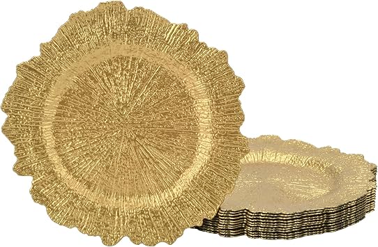 13 Inch Gold Charger Plates, Round Reef Pattern, Plastic, Set of 12, for Dinner Plates, Wedding Decor, Table Setting Irregular