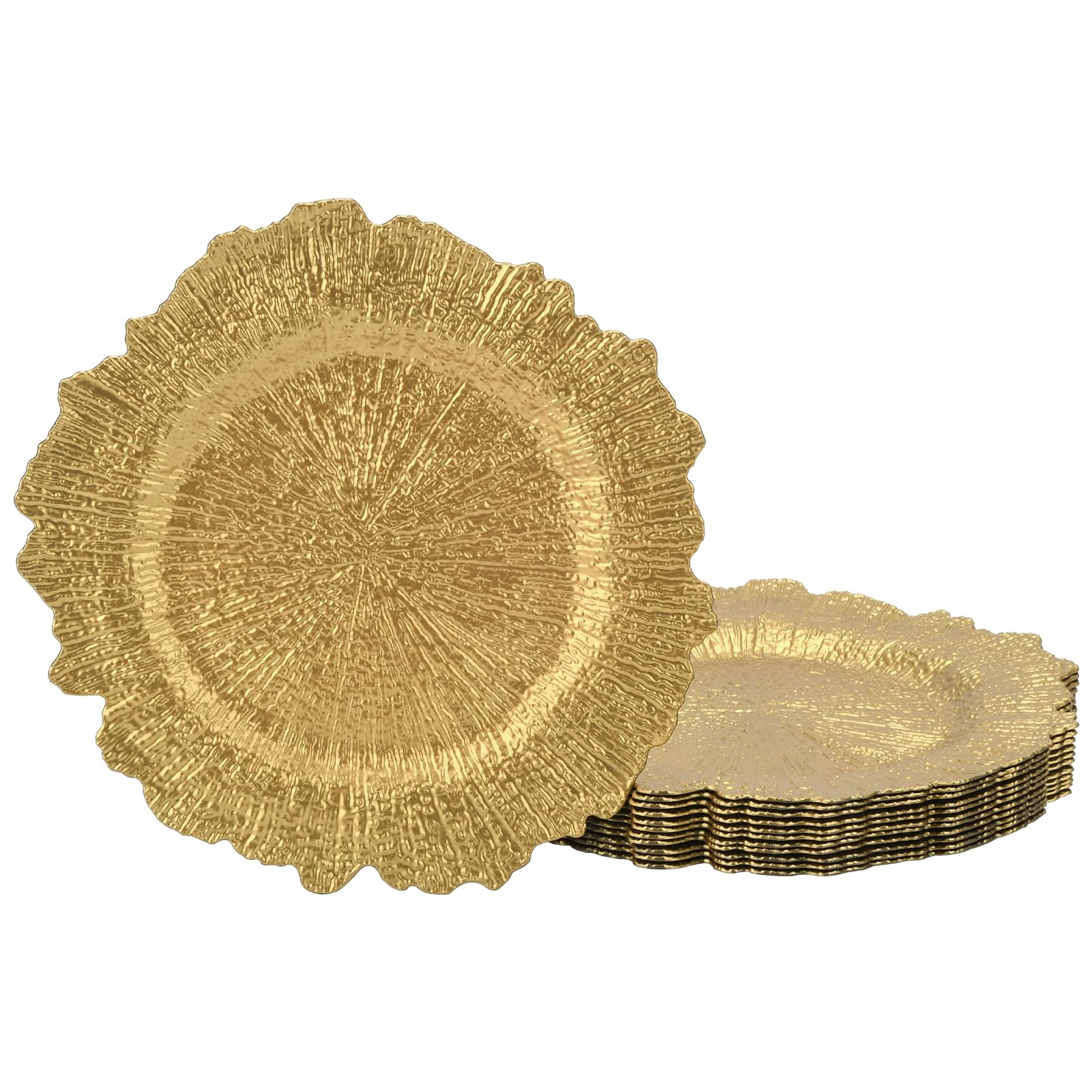 Lot de 12 assiettes de présentation dorées de 33 cm, motif récif rond, en plastique, pour assiettes plates, décoration de mariage, décoration de table (irrégulière)