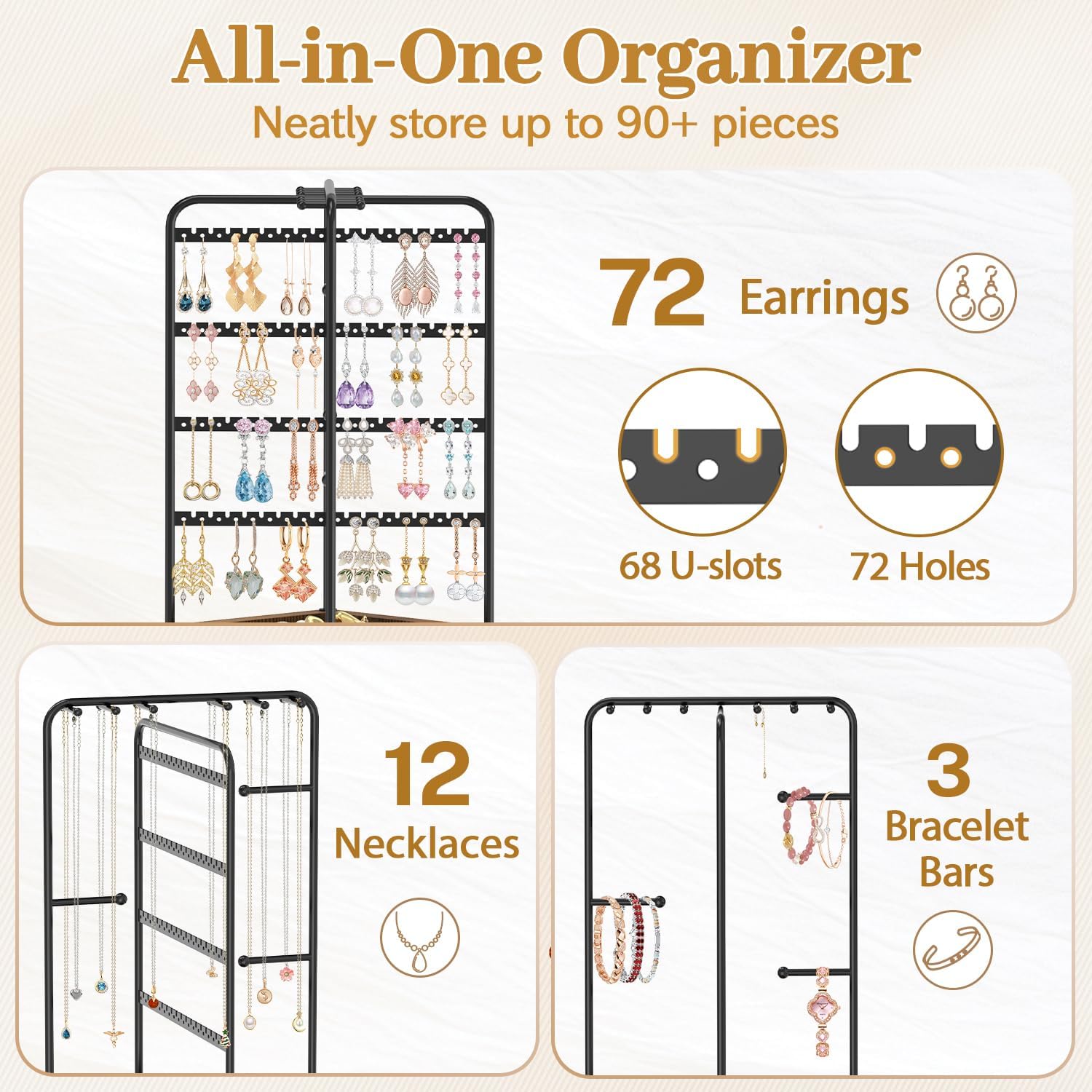 MODOWEY Earring Necklace Holder Organizer Jewelry Stand, Wood Rotating Display Tree for Vendor Selling, Tiered Tower Rack for Pierced Stud Bracelet 90+ Pieces Storage, Easy Access for Women, Black - Image 2