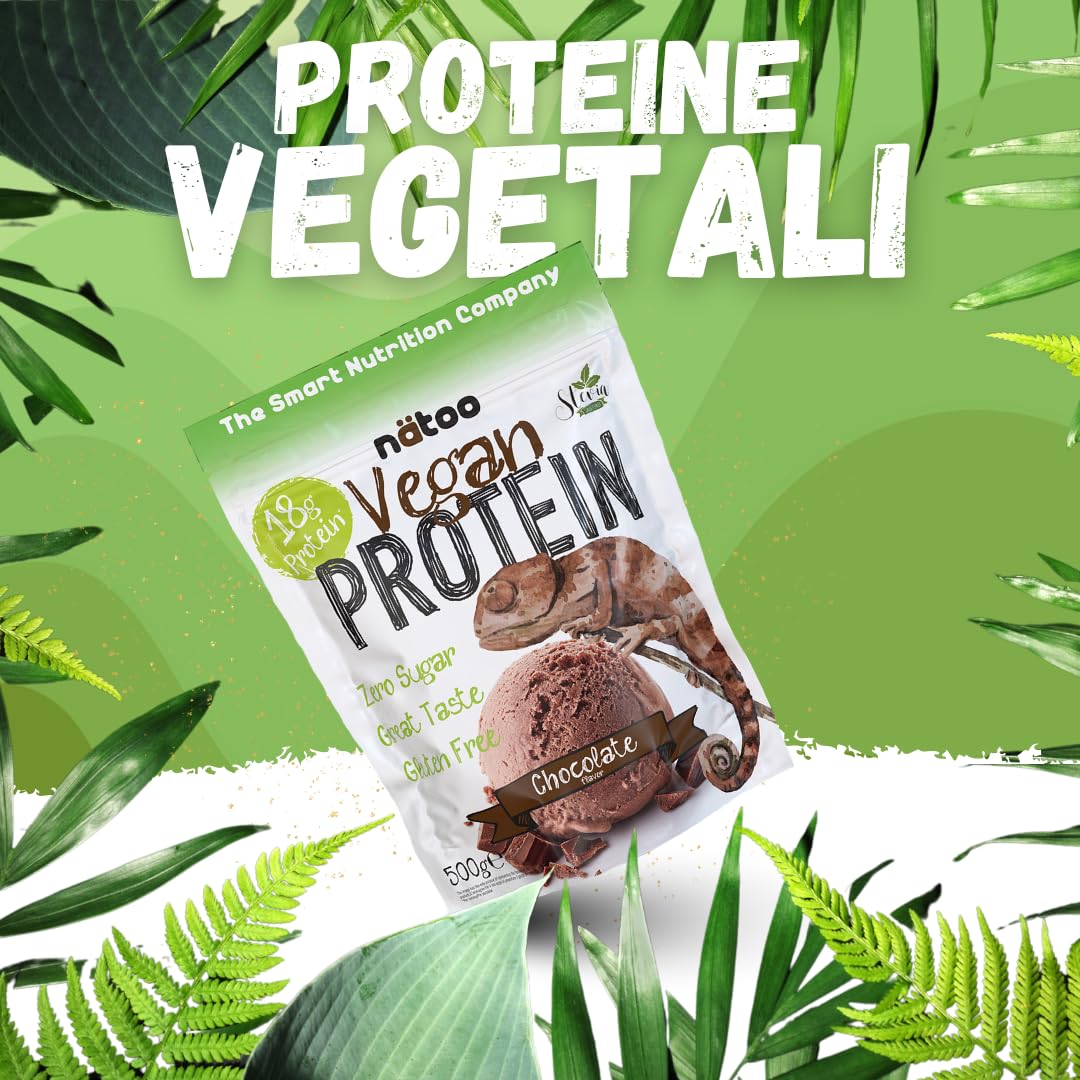 NÄTOO Proteine in Polvere Vegane - 500g Gusto Cioccolato senza Zucchero - Proteine in Polvere Isolate Vegetali provenienti dal Pisello e dal Riso - 18 grammi per Porzione - Proteine senza lattosio