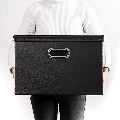 Miniatura 7 de PRANDOM Cajas de almacenamiento apilables grandes con tapas paquete de 5 contenedores de almacenamiento plegables de tela de cuero, cestas con