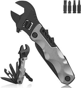 Multitool Wrench, Adjustable Wrench with Flathead Phillips Screwdriver, Nail File, Bottle Can Opener, Screwdriver reservoir, Multifunctional Purpose Stainless Steel Tool grey